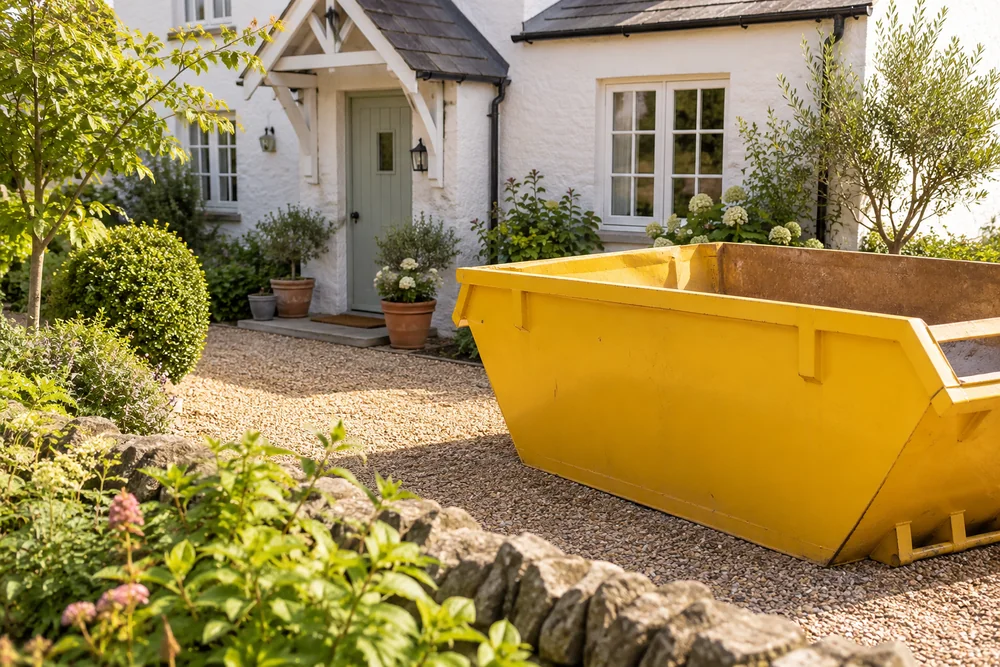 Yellow skip on a tidy driveway beside an ordinary UK home