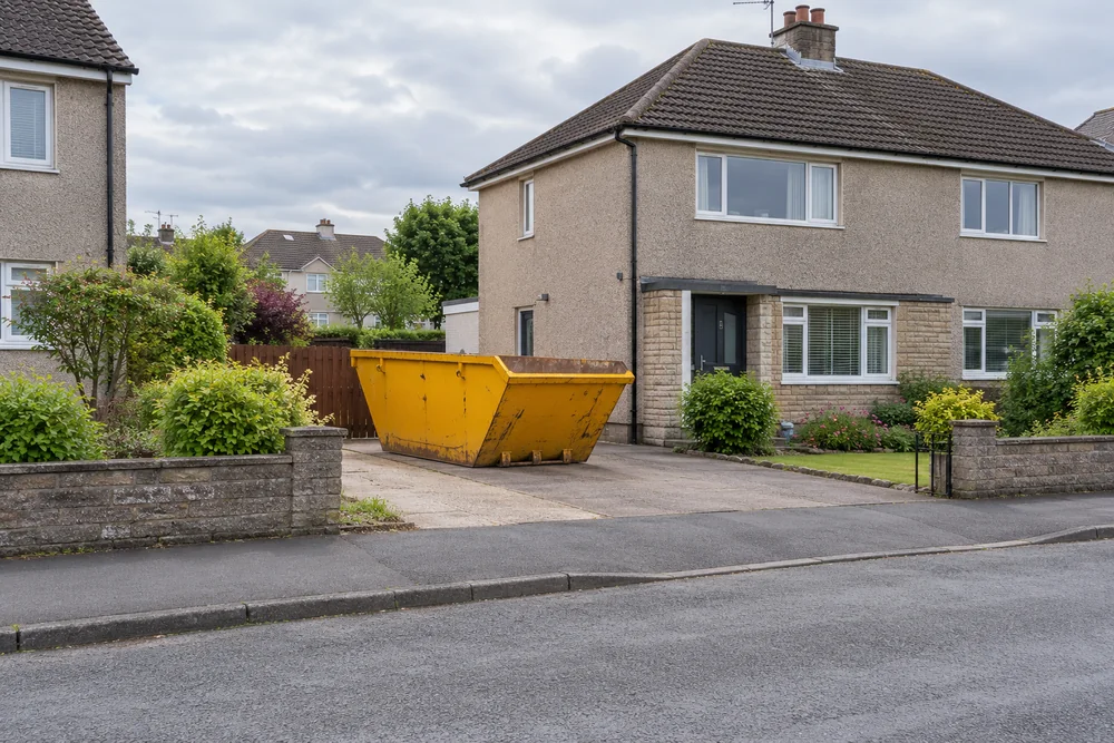 Yellow skip outside a modest house on a quiet residential street