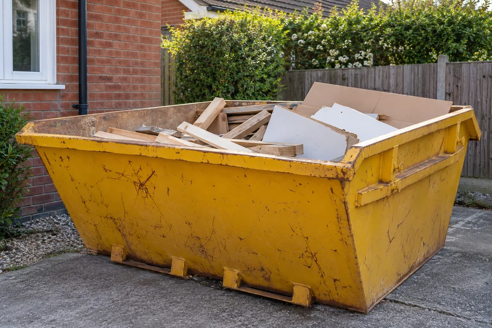 Yellow skip partly filled with ordinary DIY waste