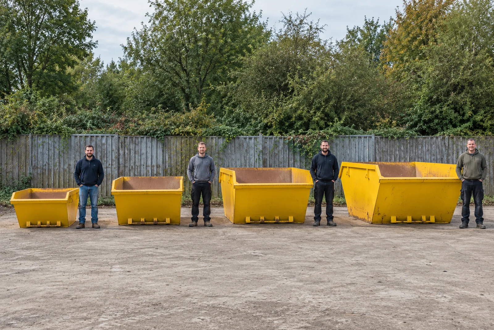 Four yellow skips in increasing sizes with full standing adult scale