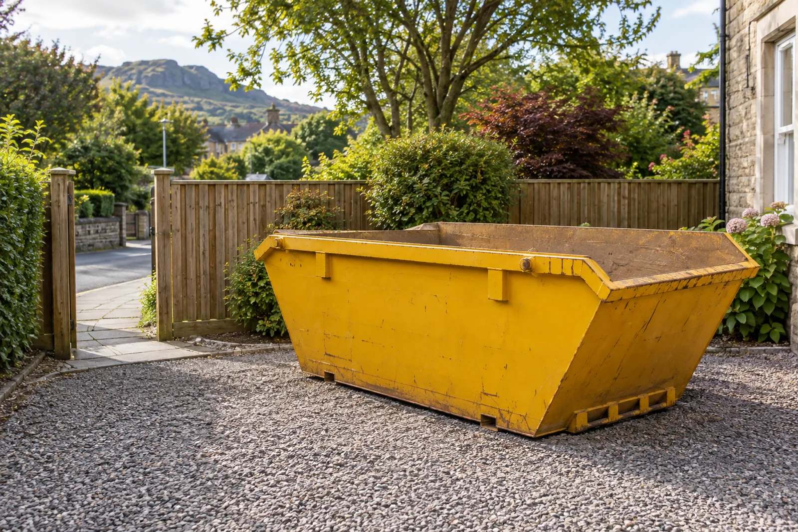 Yellow skip on private ground with a garden gate and path kept clear