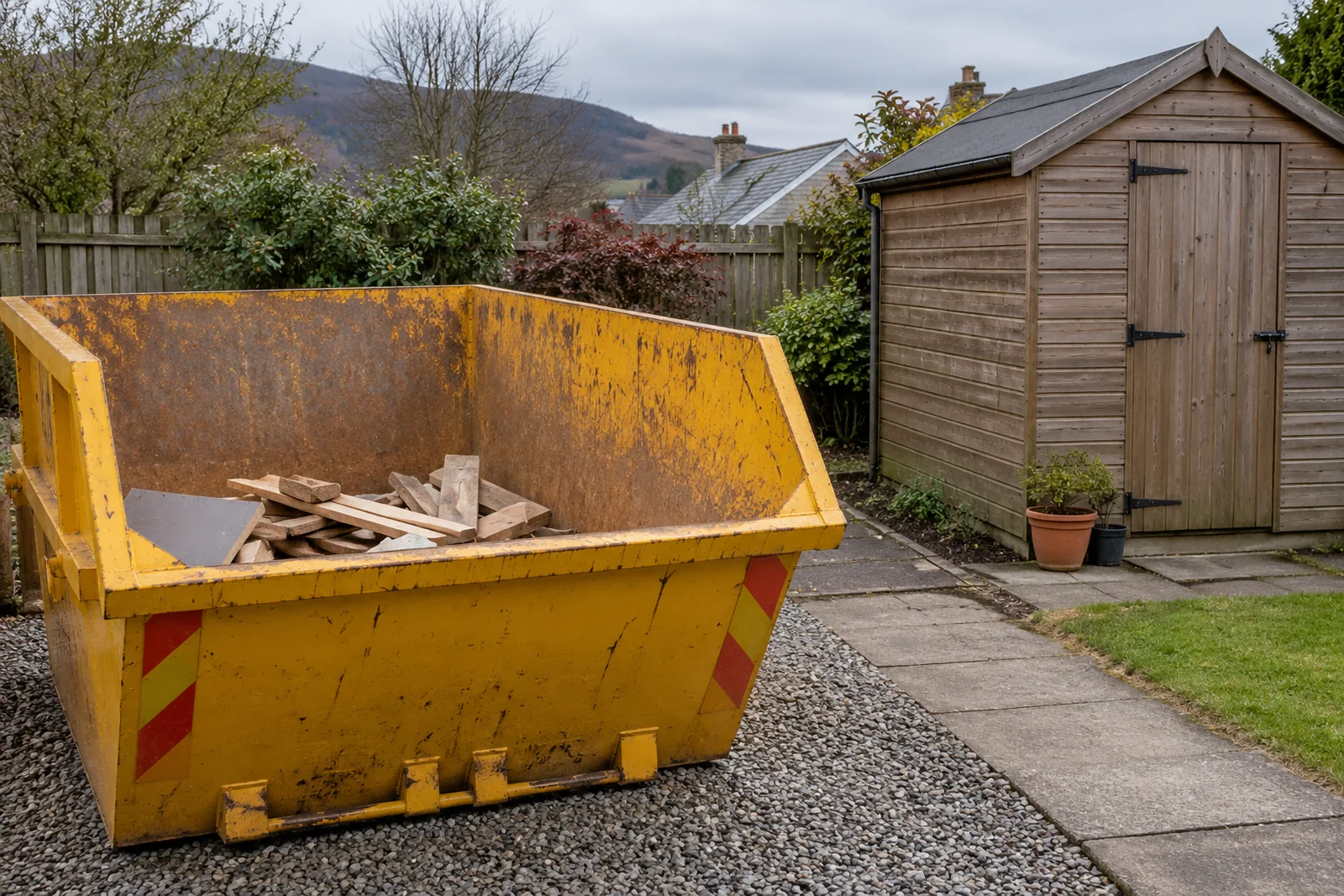Dismantled garden timber sorted beside a skip