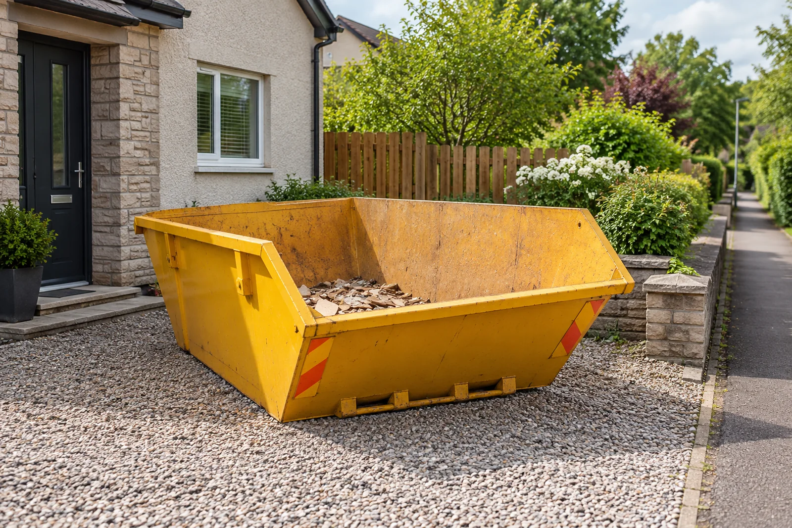 Yellow skip on a clear private driveway