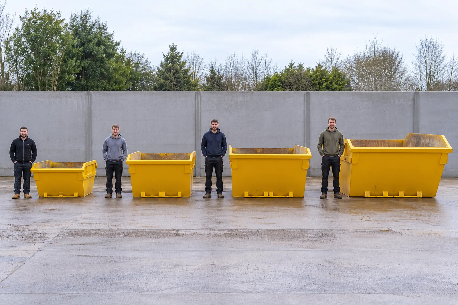 Four yellow skips in increasing sizes with full standing adult scale