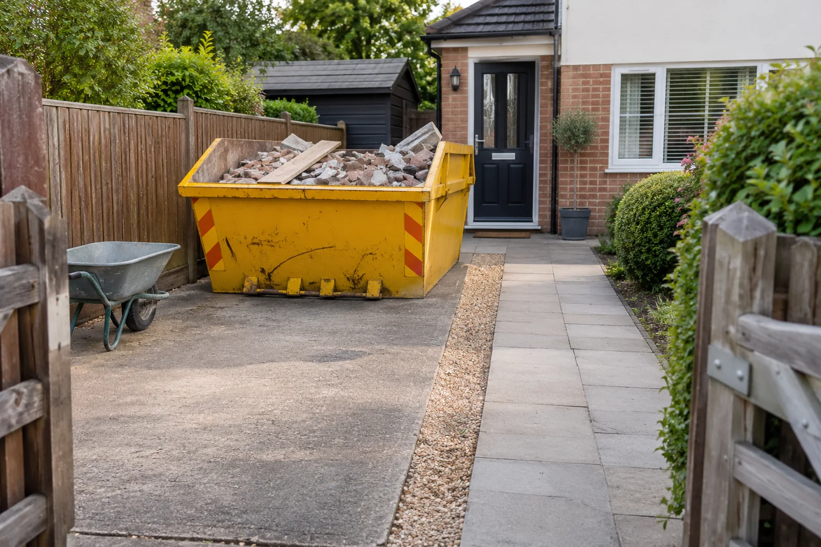 Yellow skip on a driveway with an unobstructed front path