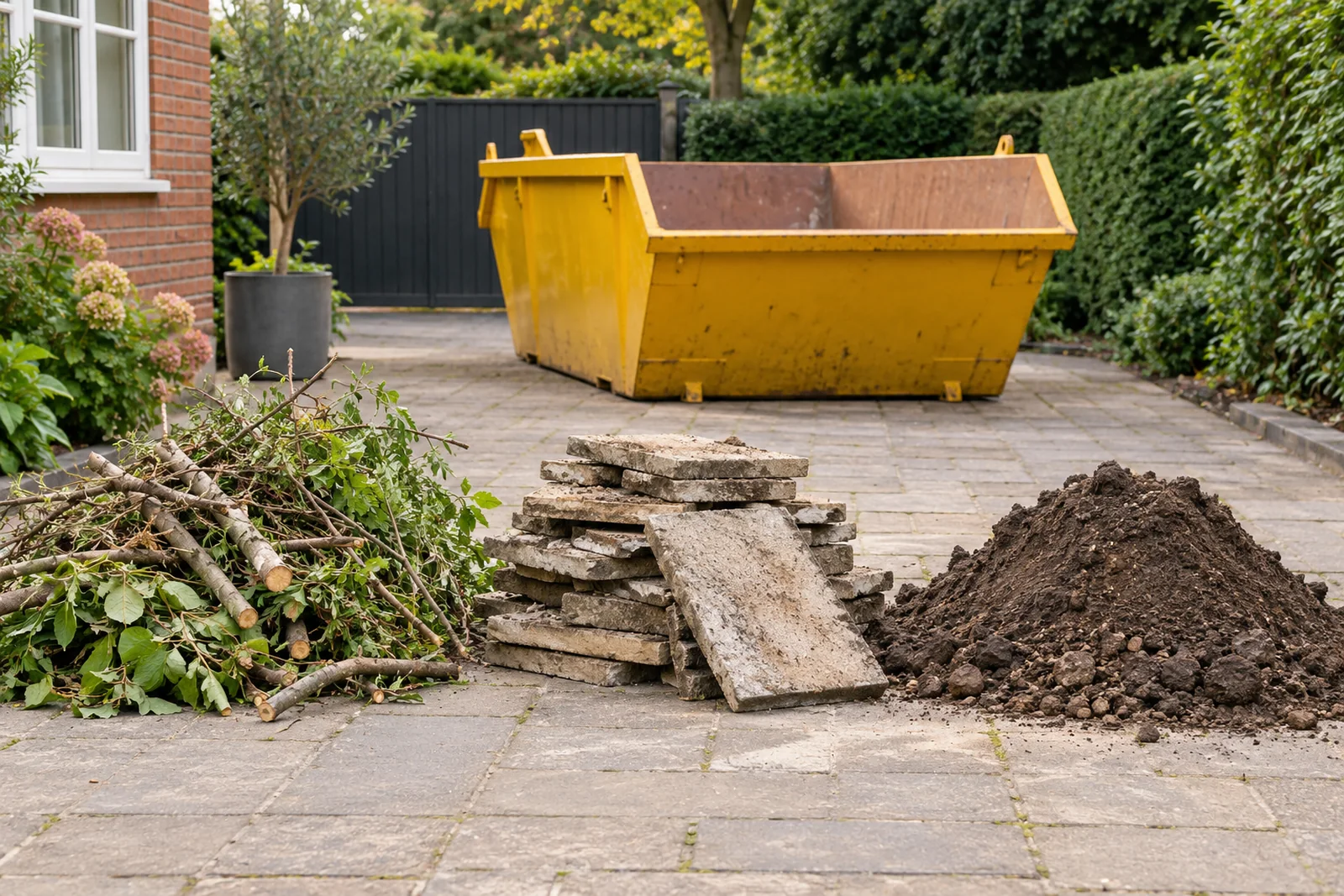 Garden branches and old paving kept in separate piles beside a skip