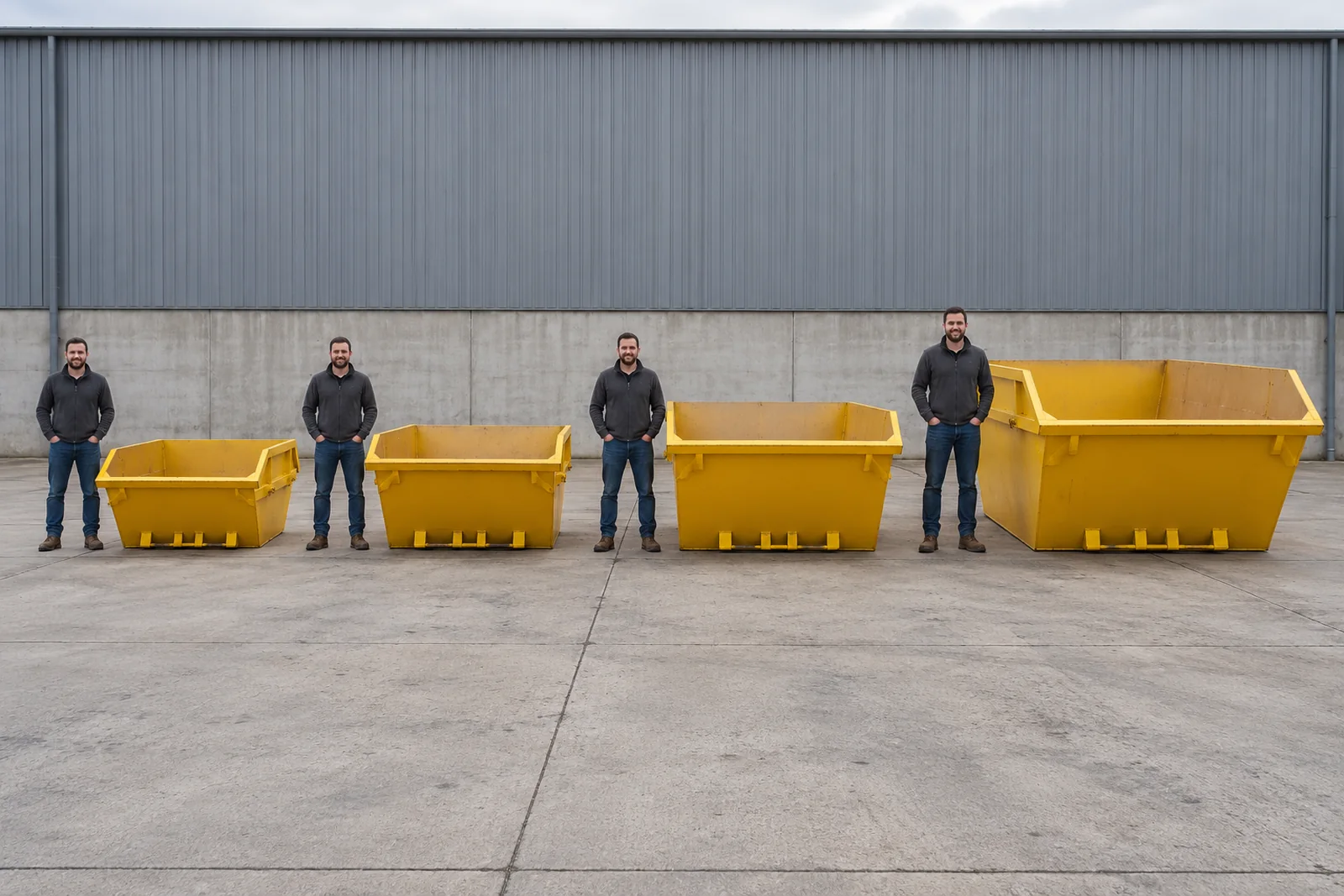 Four yellow skips in increasing sizes with full standing adult scale