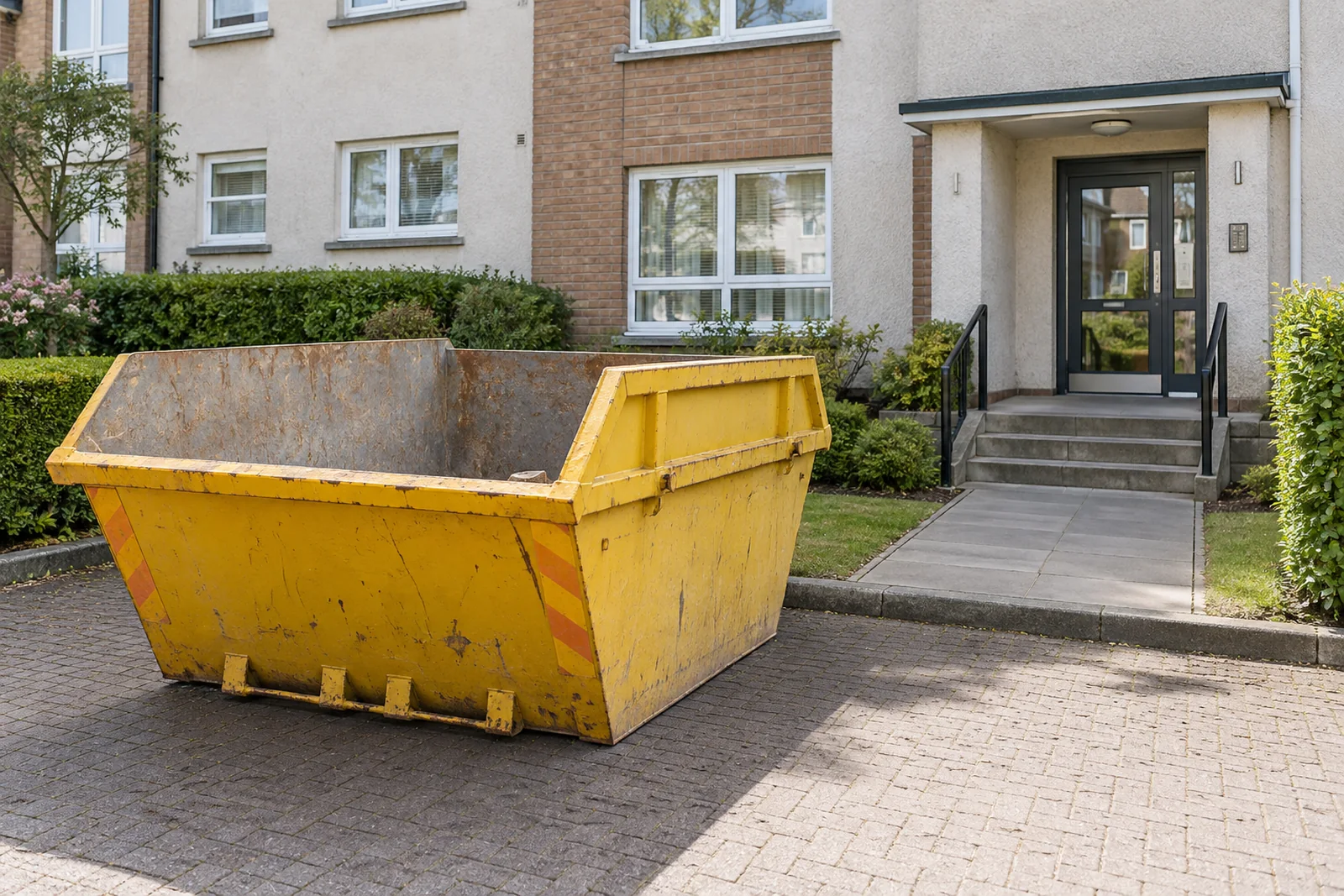 Yellow skip on agreed private ground clear of a shared building entrance