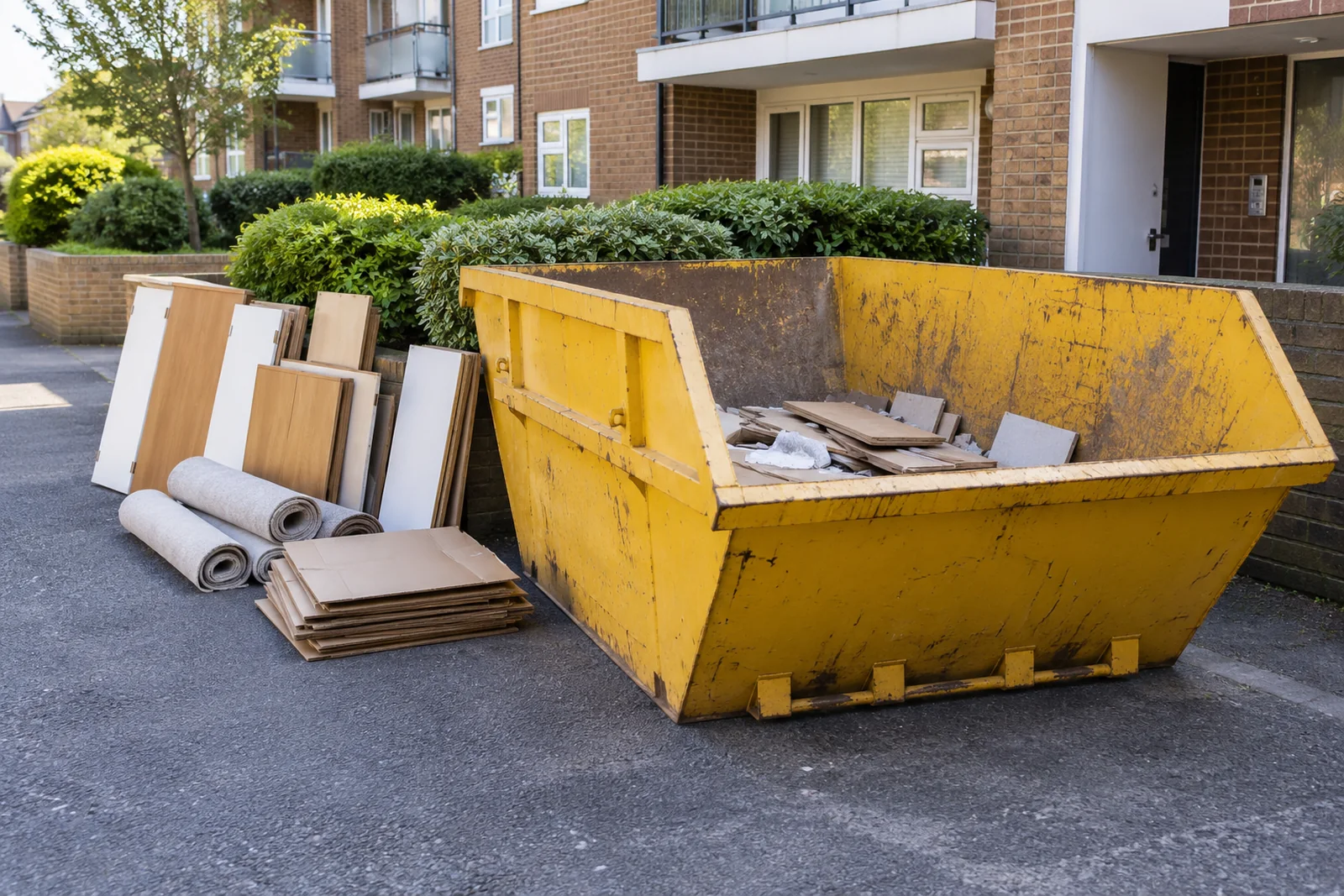 Ordinary refit timber and dismantled units beside a skip