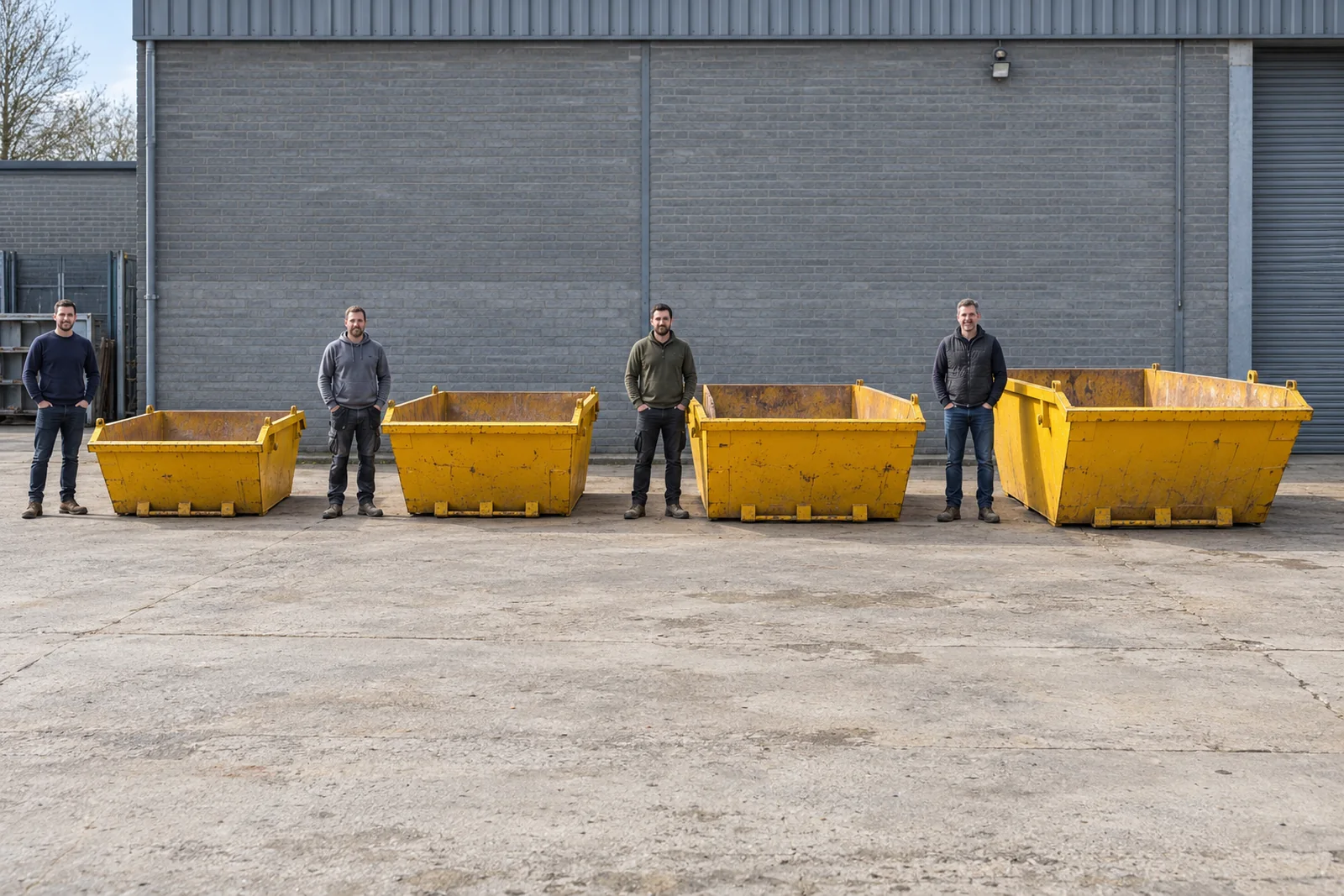 Four yellow skips in increasing sizes with full standing adult scale