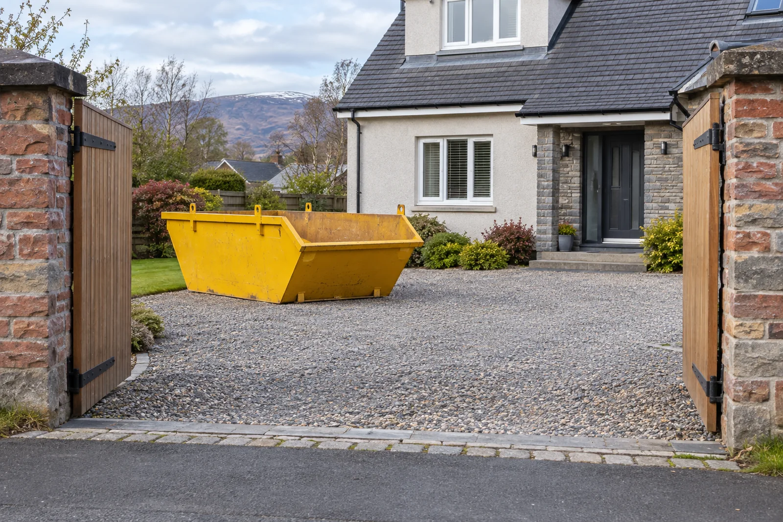 Yellow skip beside an open gate with gateposts and entrance visible