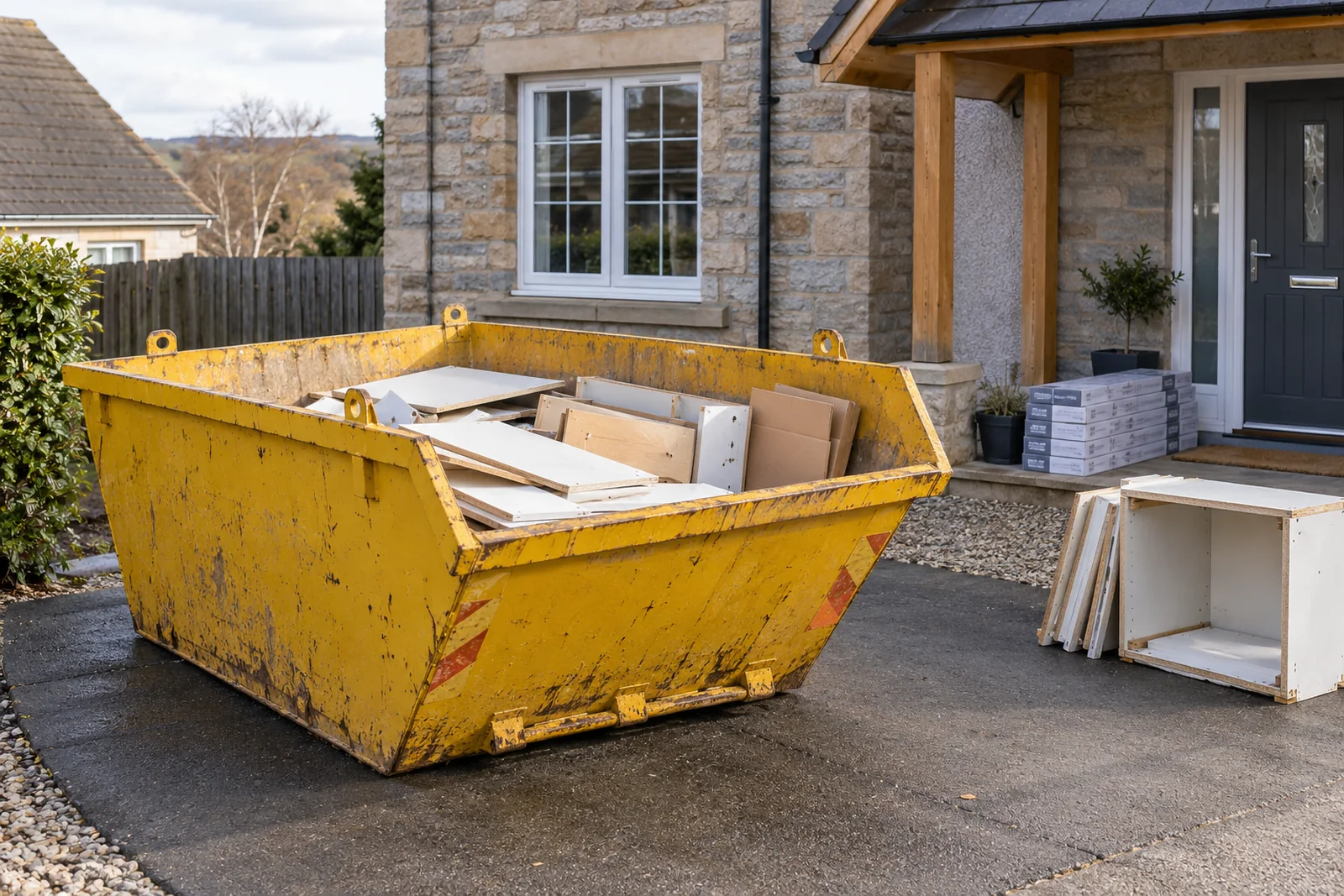 Old kitchen units and packaging beside a hired skip
