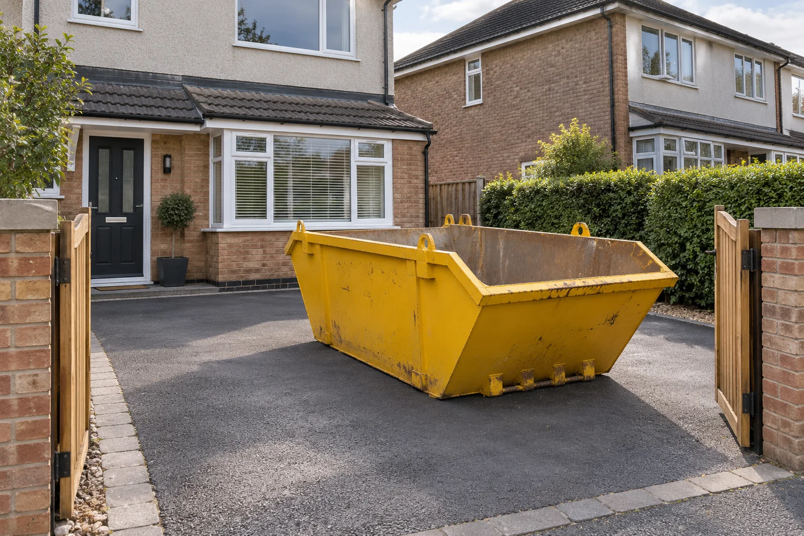 Yellow skip on a clear private driveway