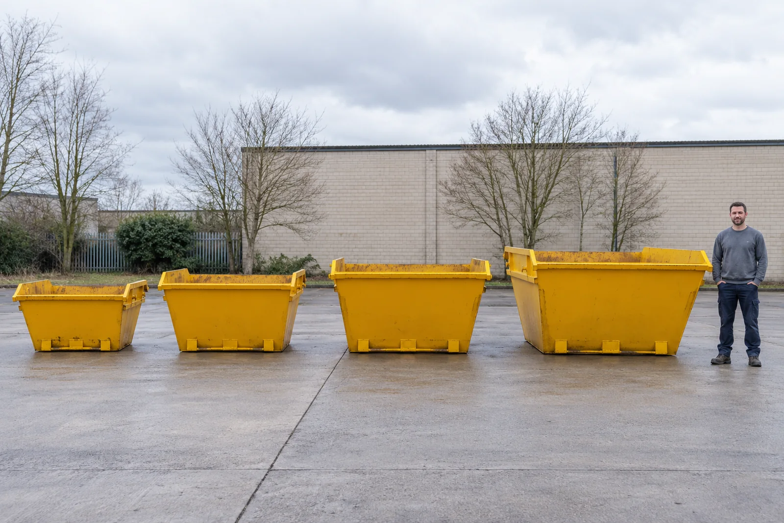 Four yellow skips in increasing sizes with full standing adult scale