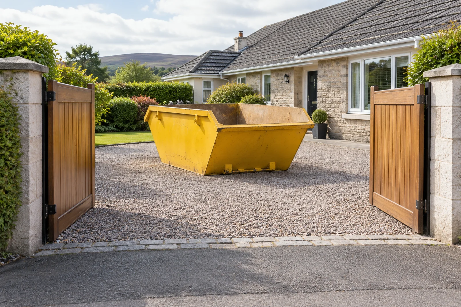 Yellow skip on a driveway with a clear gate and route to the house