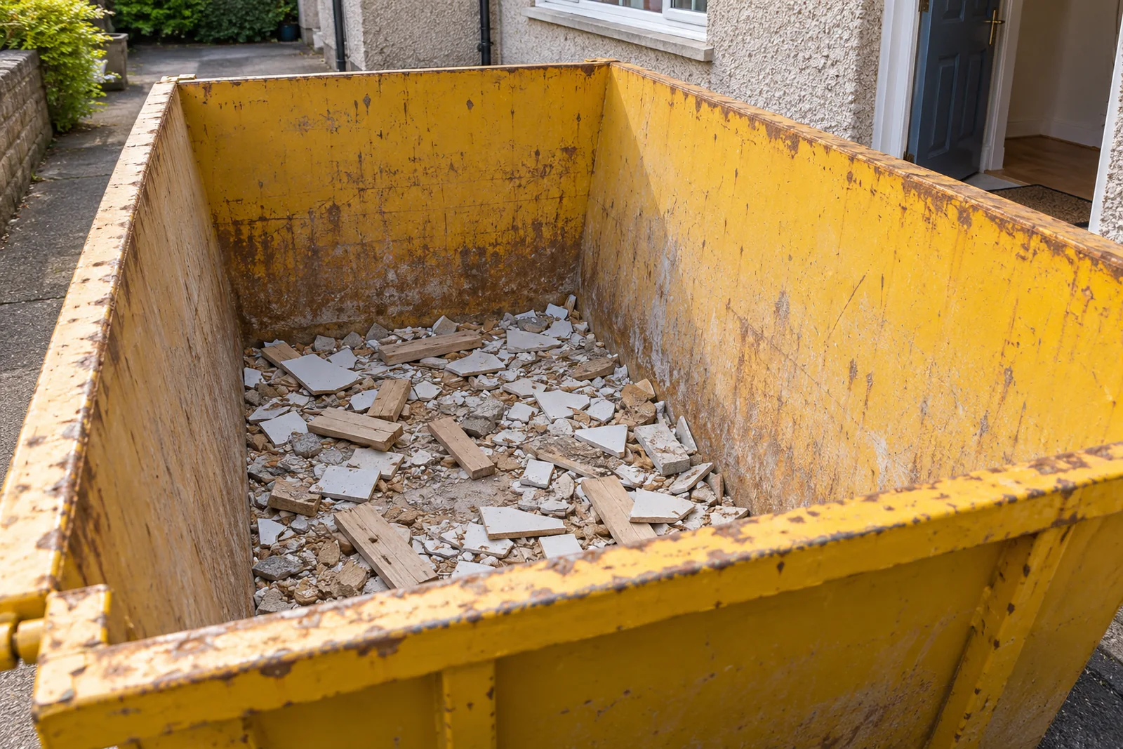 Bathroom refit offcuts and old units sorted beside a yellow skip