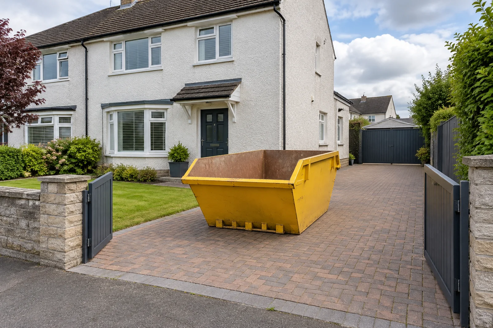 Yellow skip on a clear private driveway