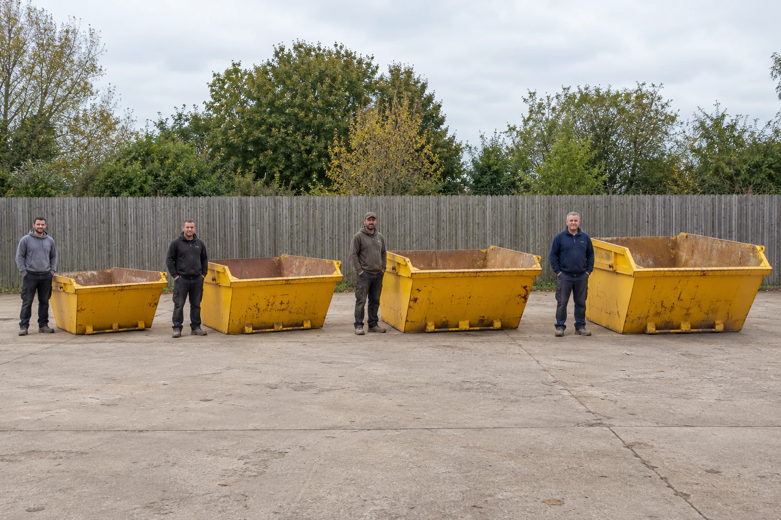 Four yellow skips in increasing sizes with full standing adult scale