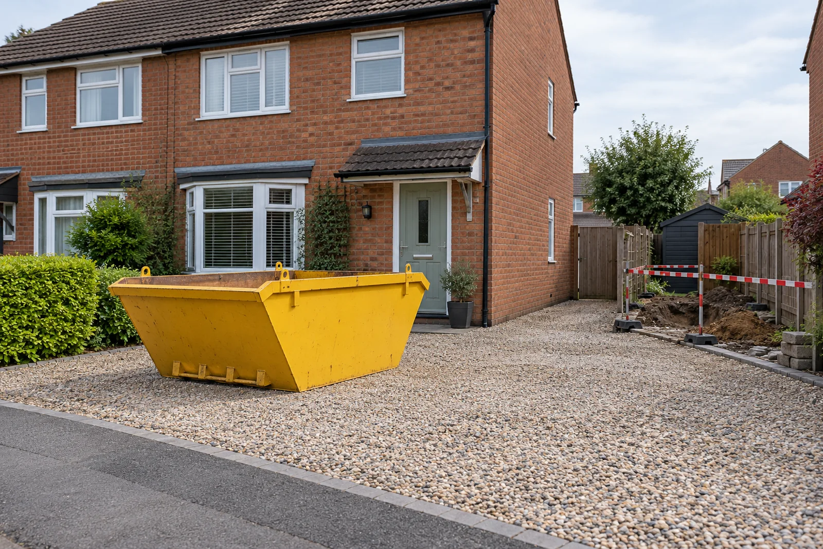 Yellow skip on firm ground beside a small landscaping job