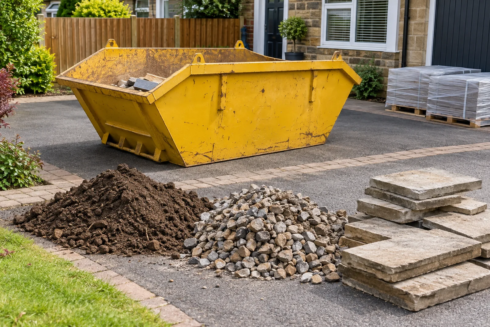Soil and broken paving kept separate beside a skip