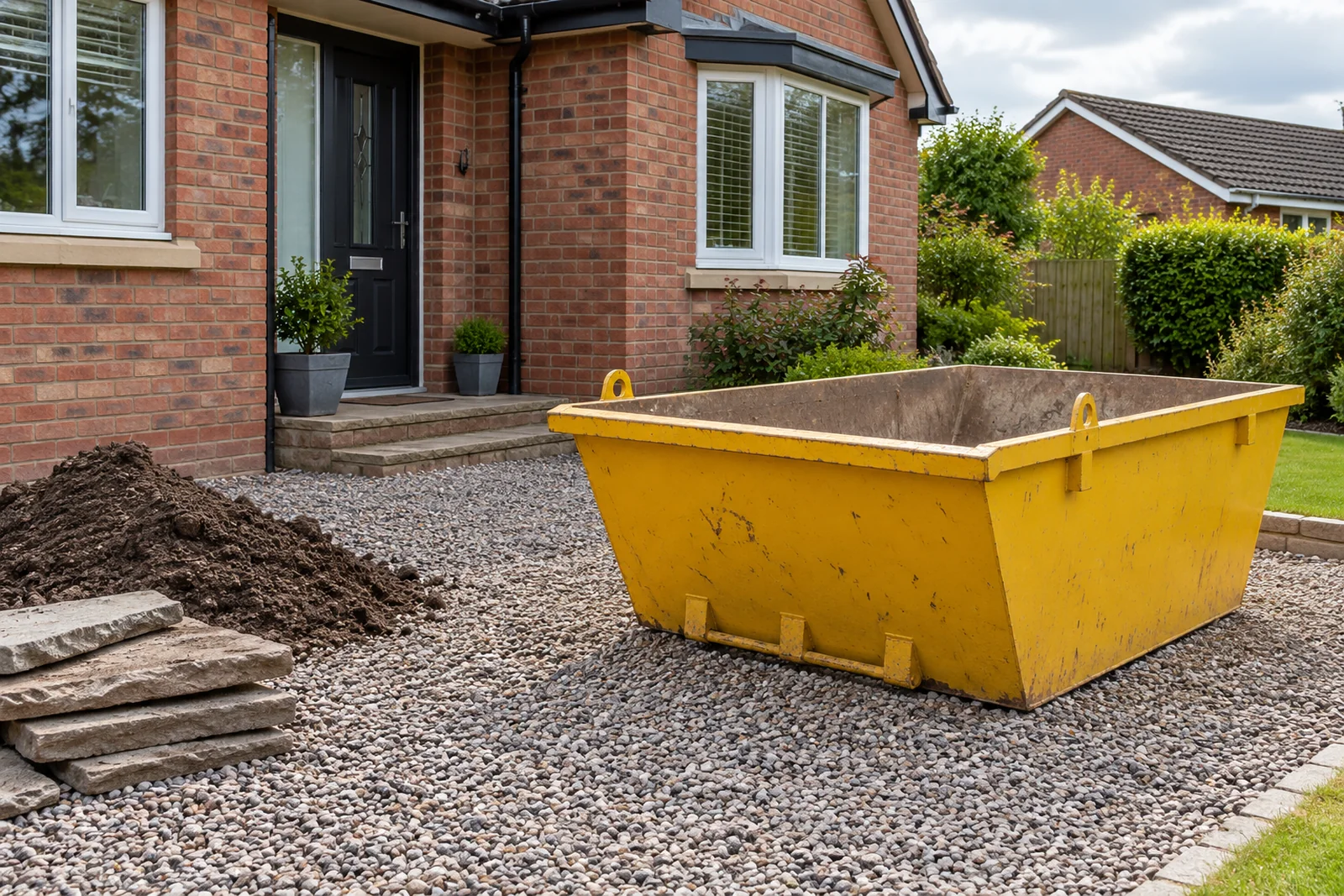 Yellow skip on a clear private driveway