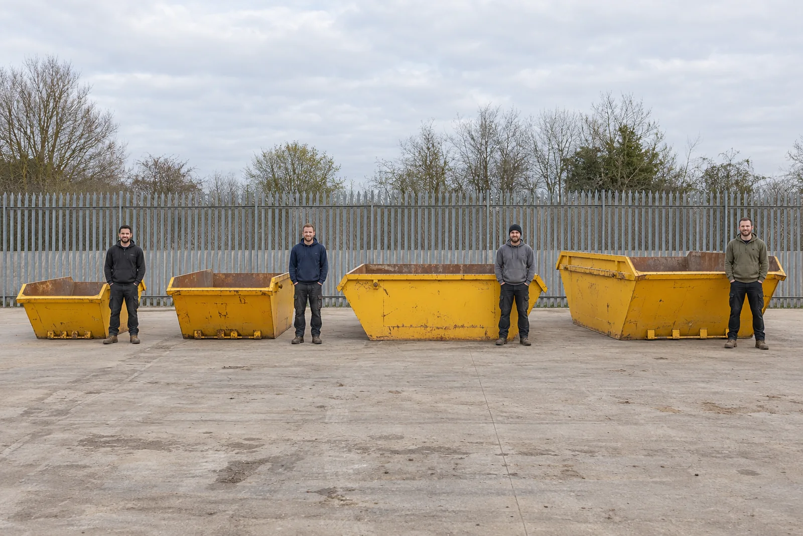 Four yellow skips in increasing sizes with full standing adult scale