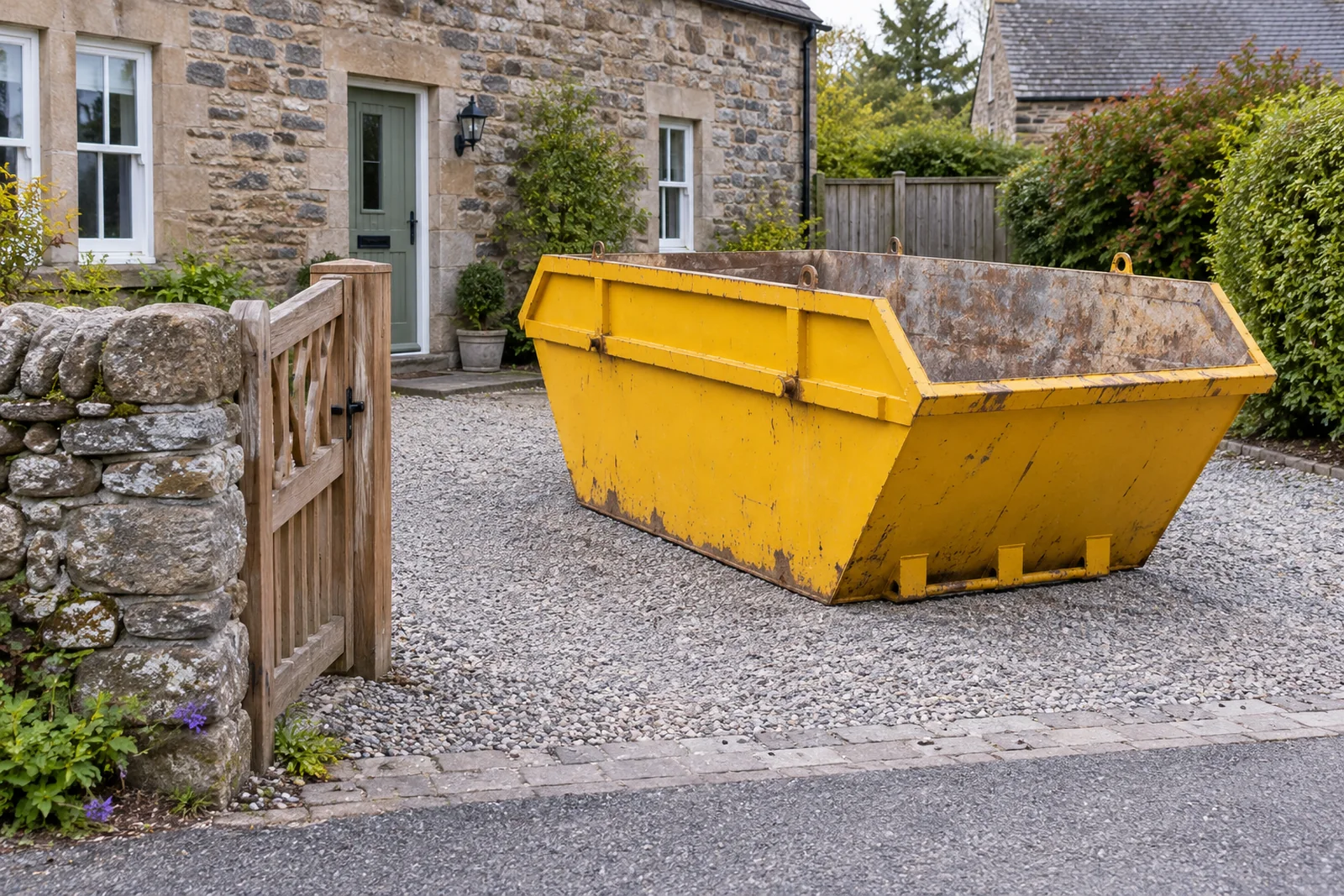 Yellow skip positioned clear of a stone wall and house entrance