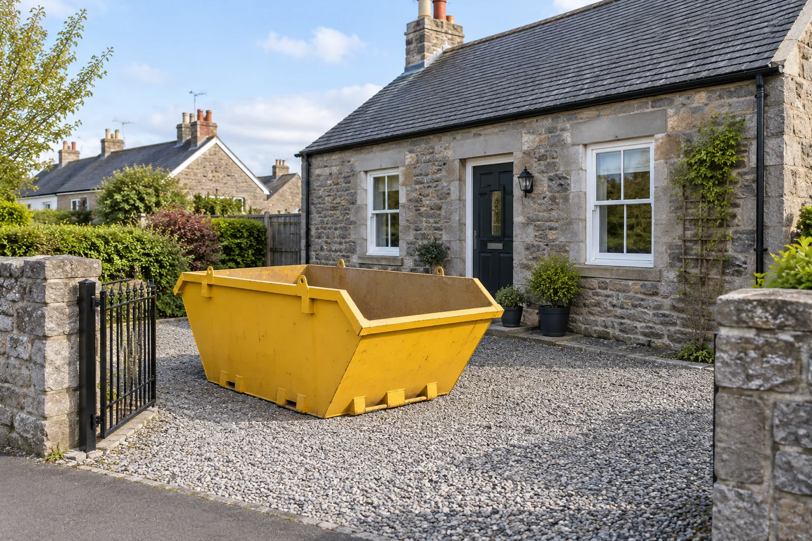 Yellow skip on a clear private driveway