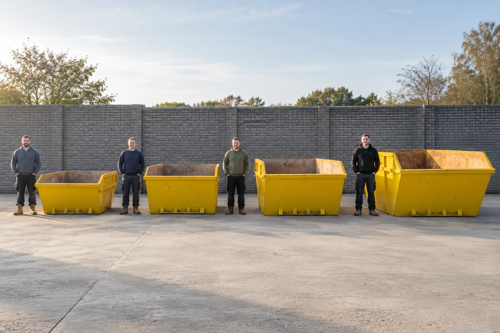 Four yellow skips in increasing sizes with full standing adult scale