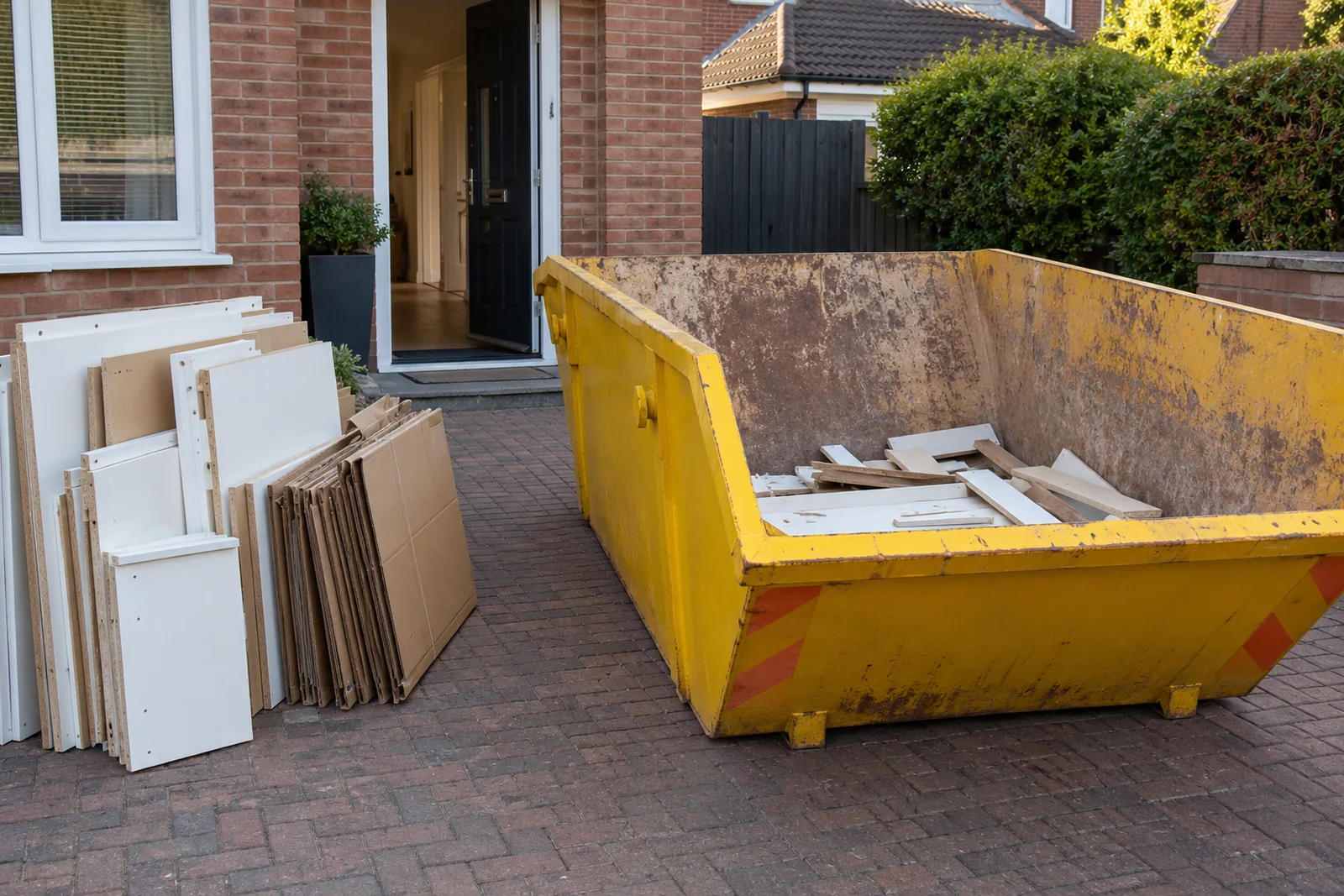 Kitchen refit materials separated beside a skip