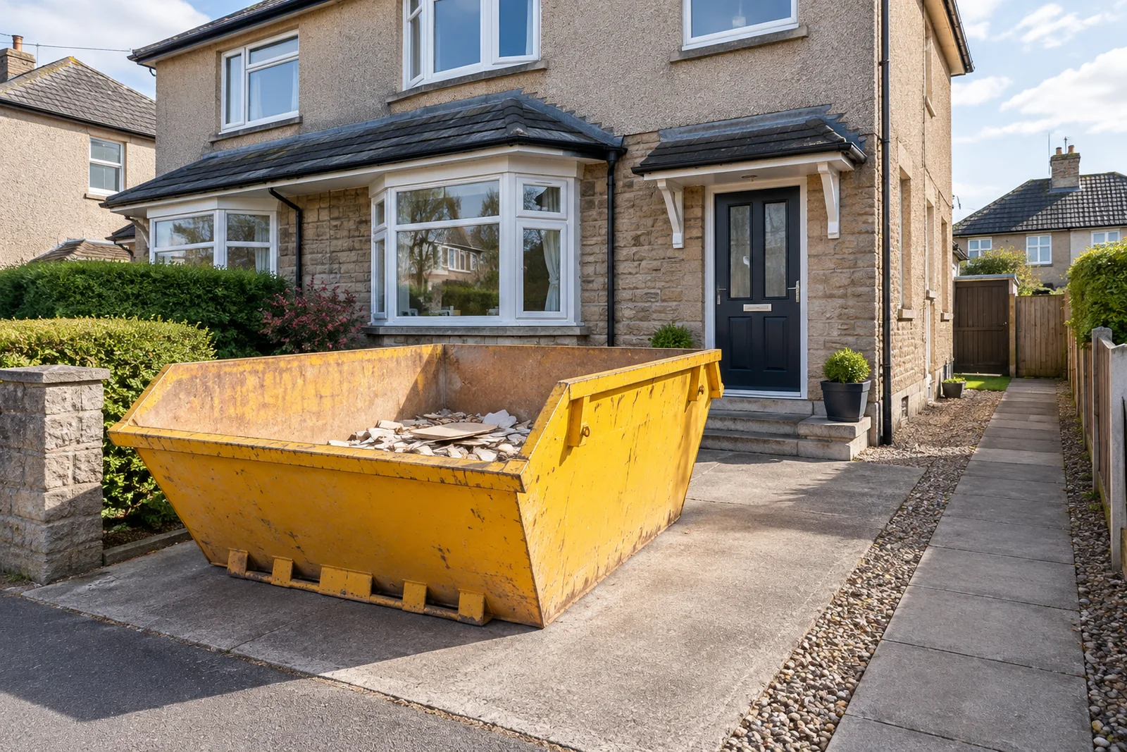 Yellow skip on a clear private driveway
