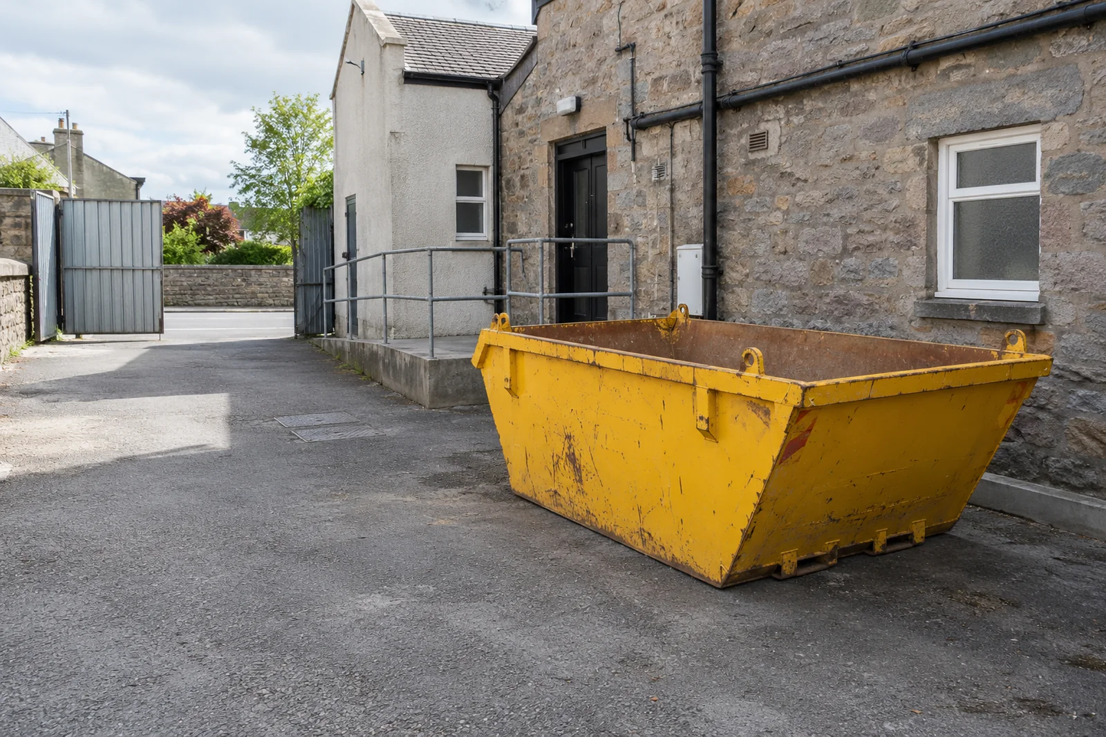 Yellow skip in a small rear yard with door access left open