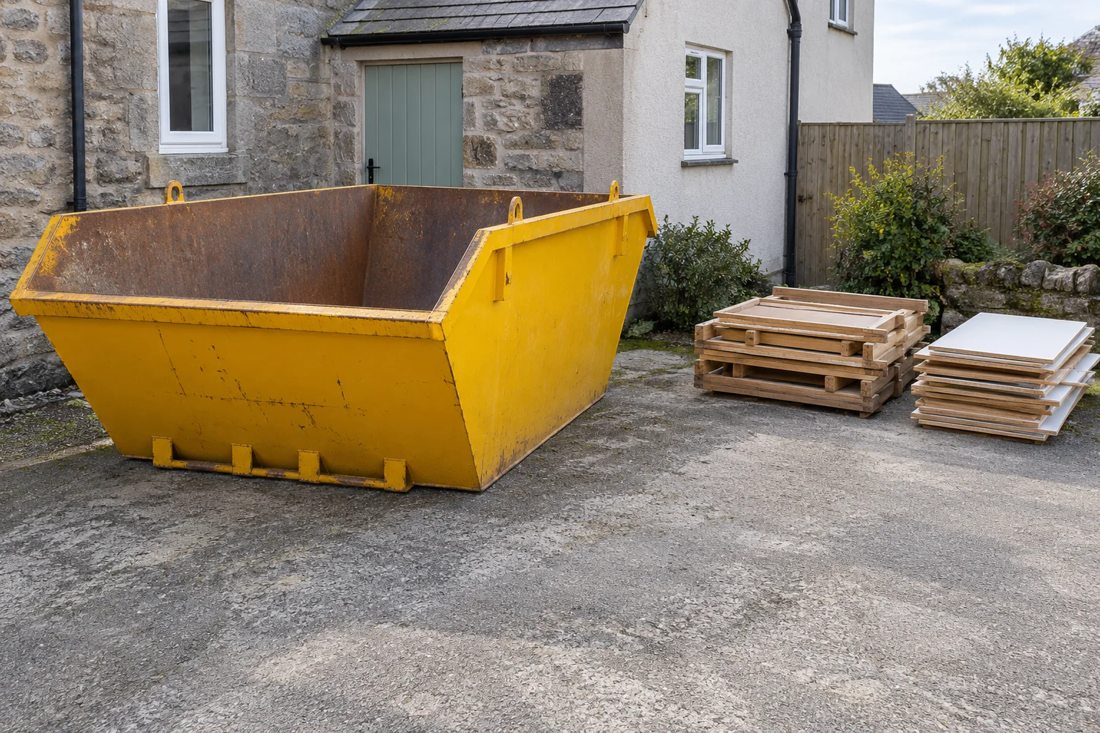Dismantled ordinary shelving and timber counter pieces beside a skip