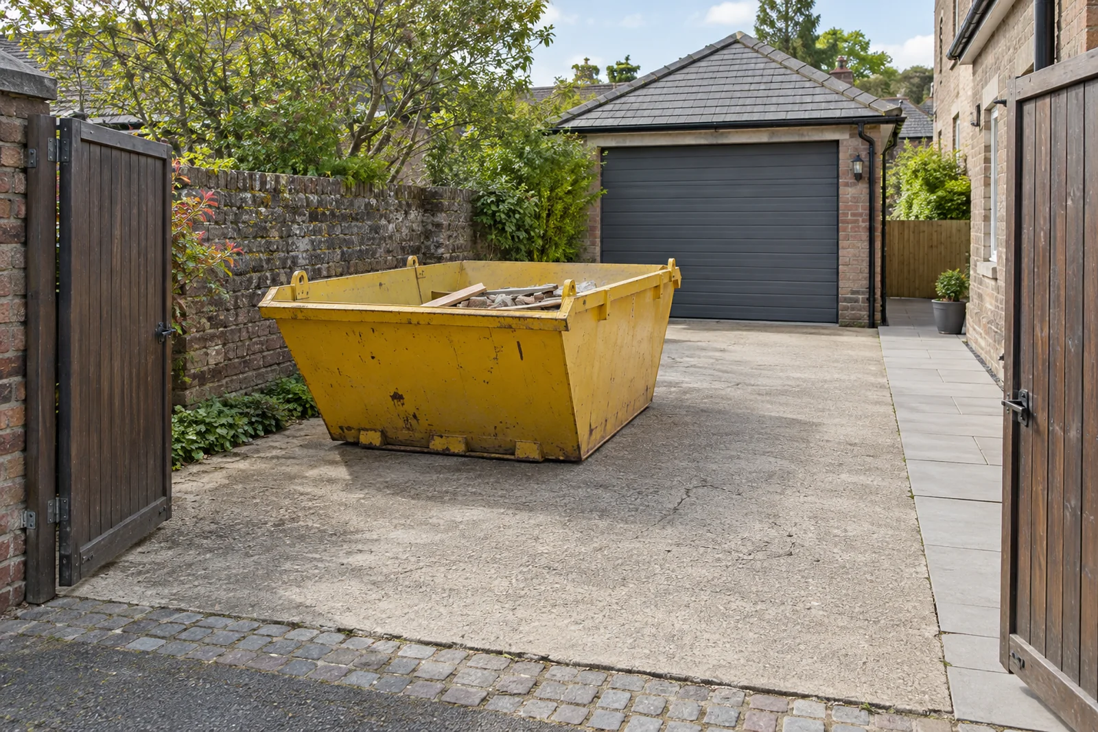 Skip ready for collection with yard entrance unobstructed