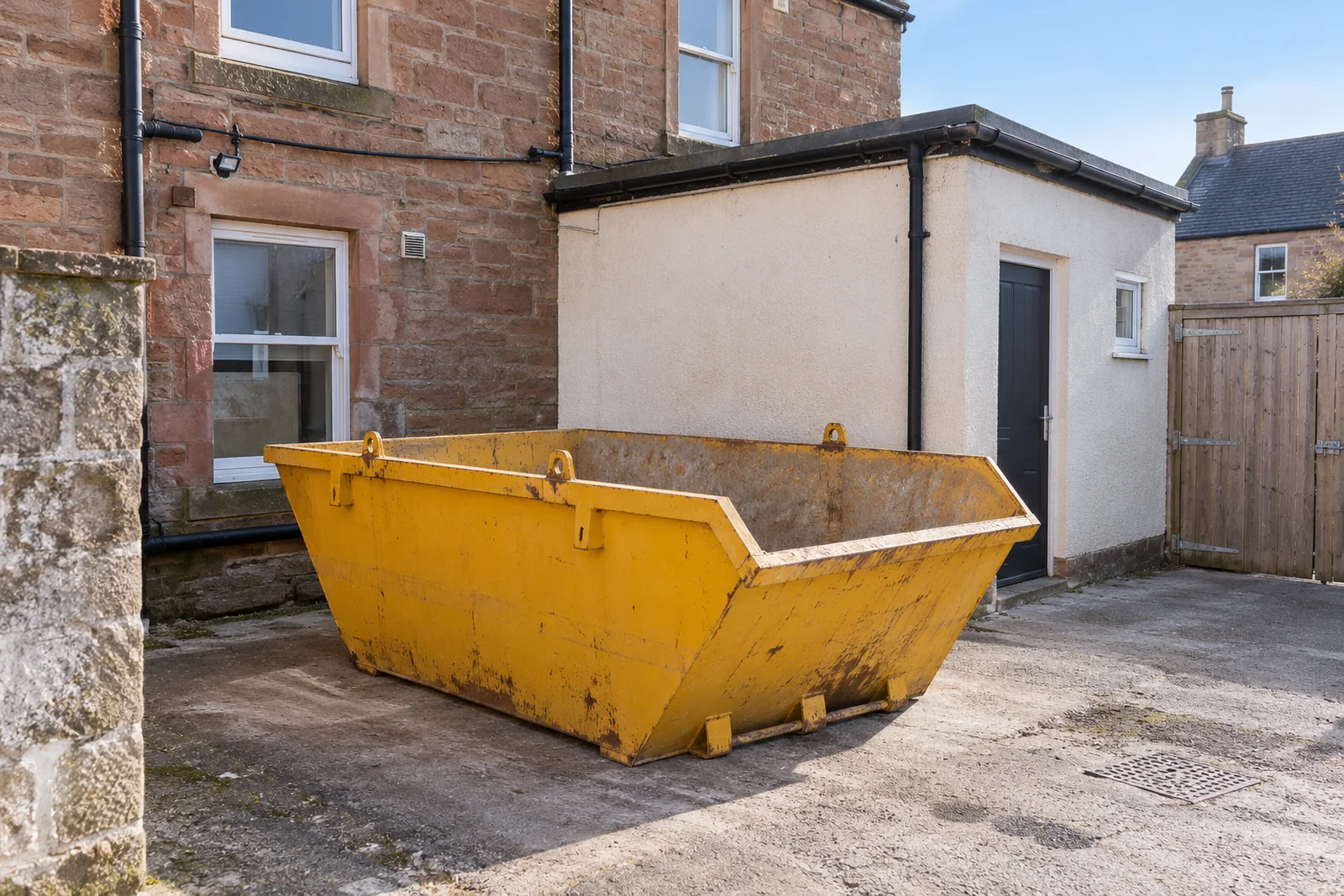 Yellow skip on a clear private driveway