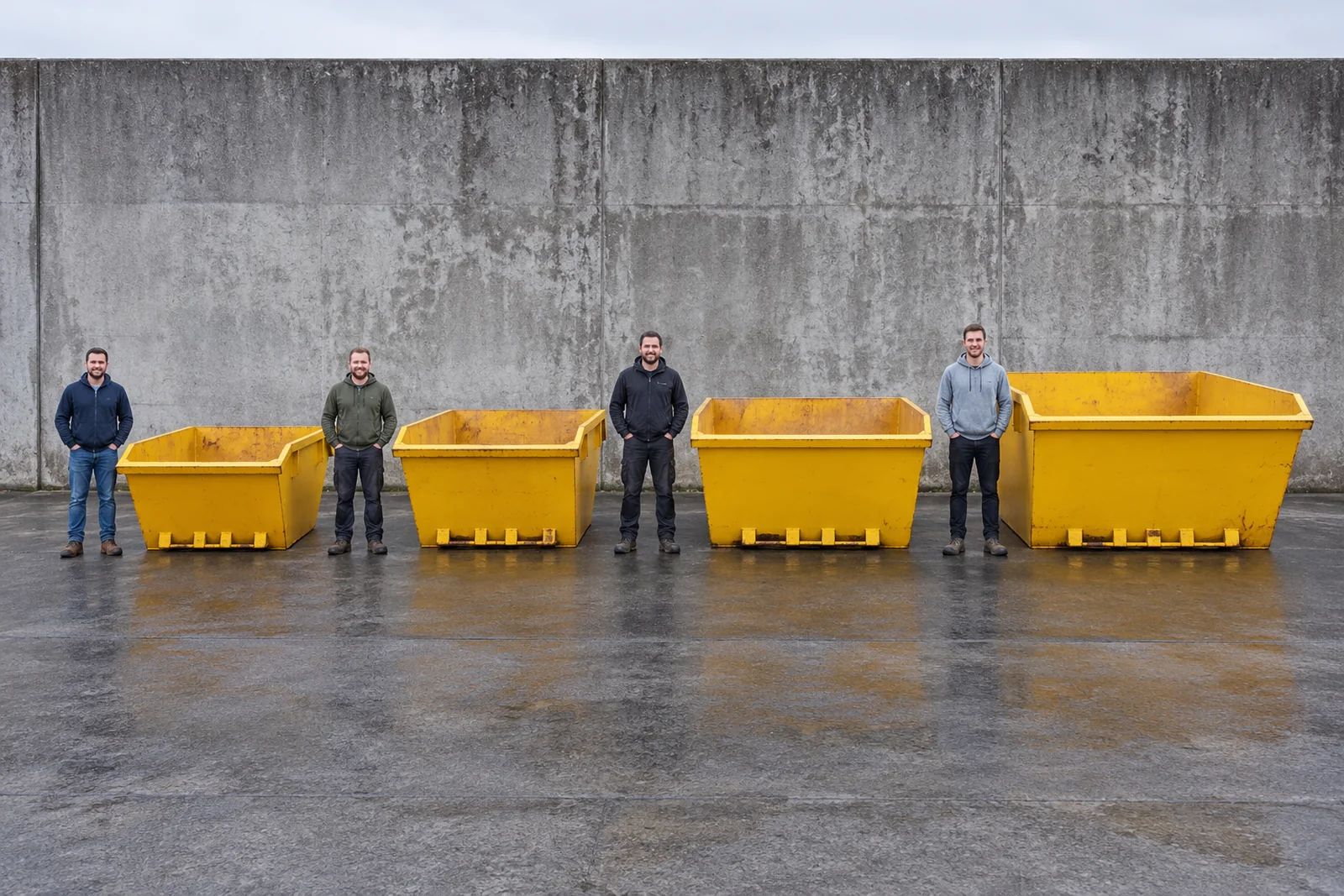 Four yellow skips in increasing sizes with full standing adult scale