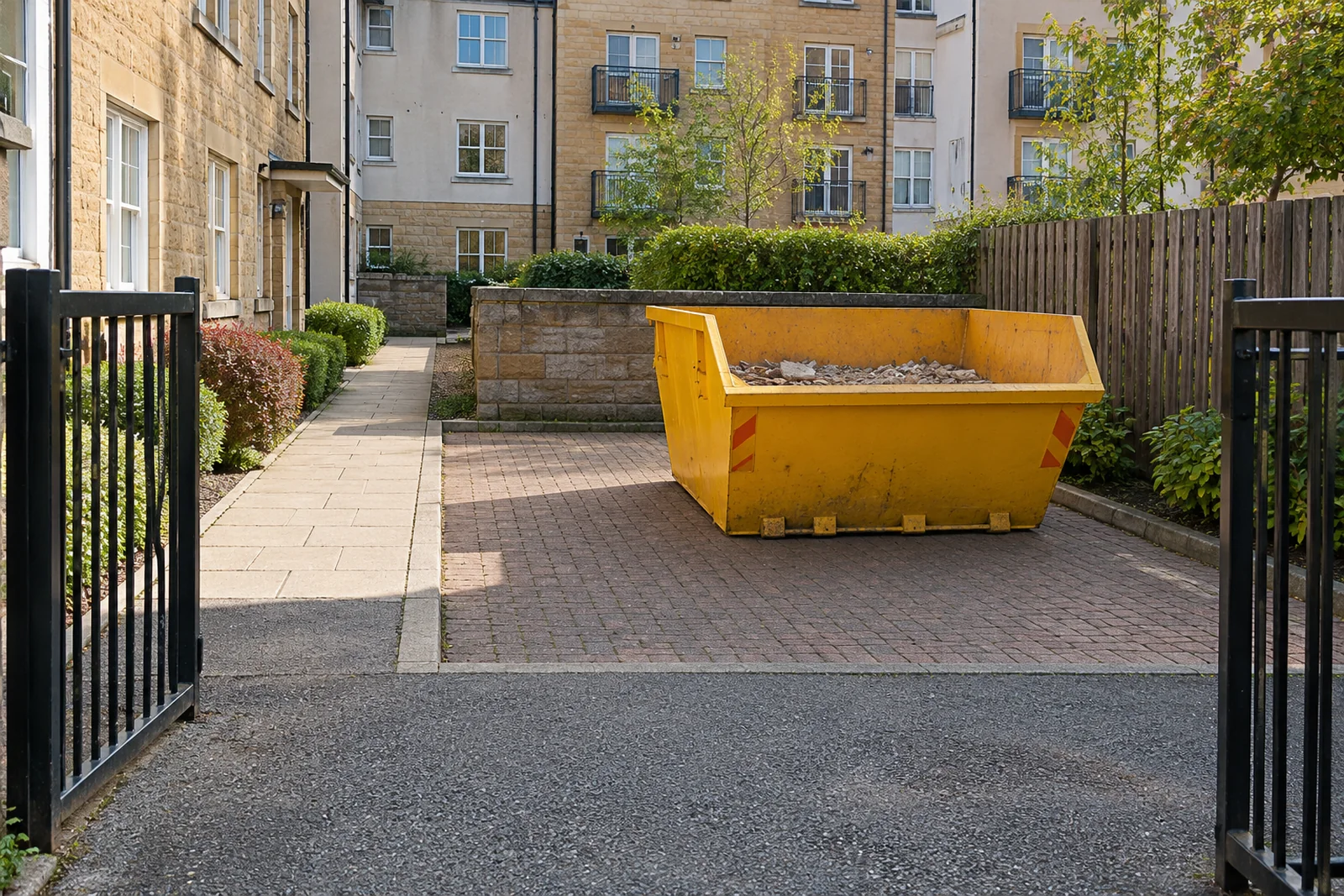 Yellow skip on firm ground clear of an apartment entrance