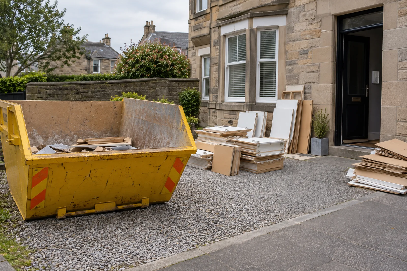 Flooring and cupboard material set aside for a staged refit load