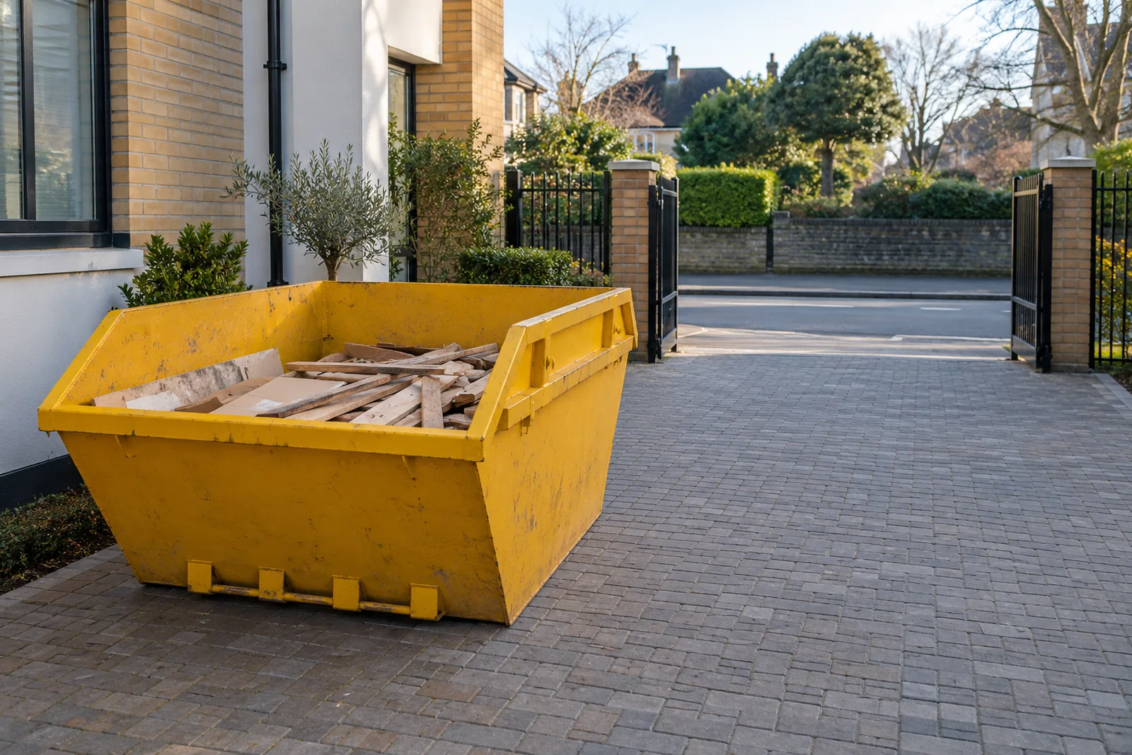 Skip ready to lift from a clear shared vehicle entrance