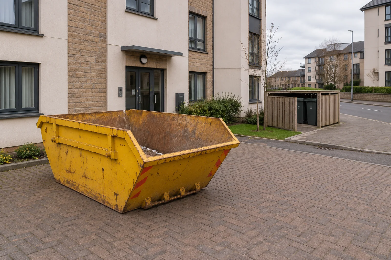Yellow skip on a clear private driveway