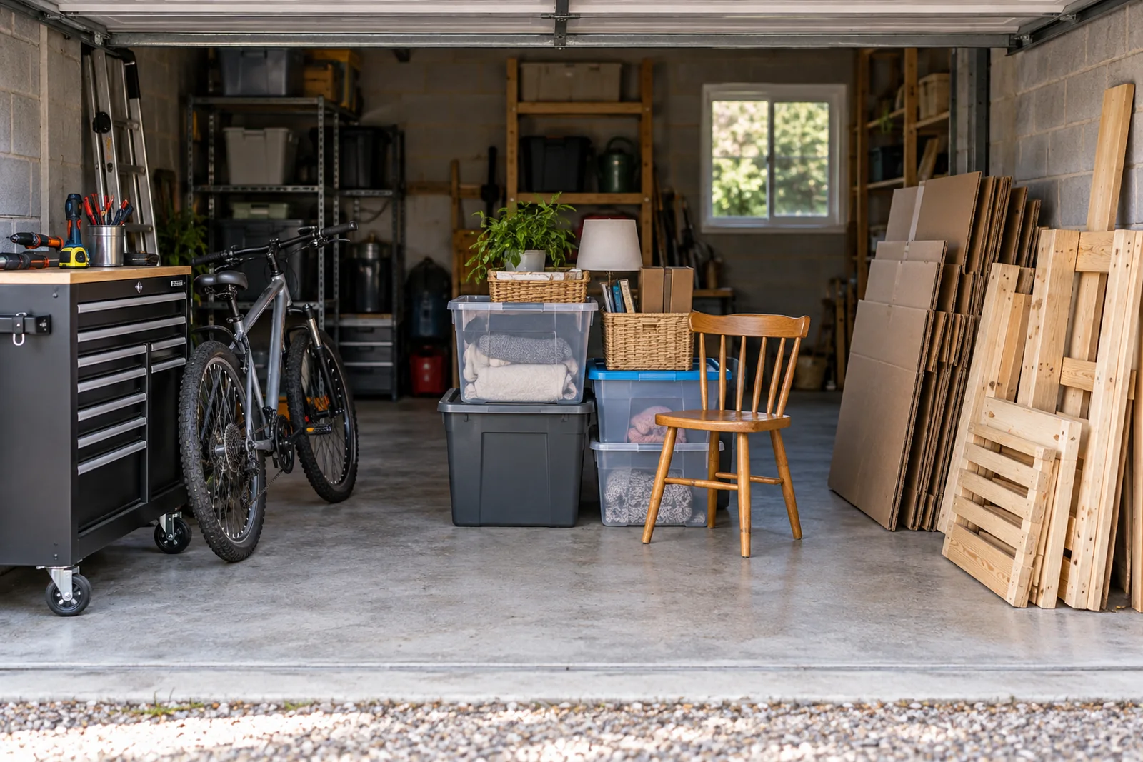 Garage belongings separated into keep, reuse and waste groups