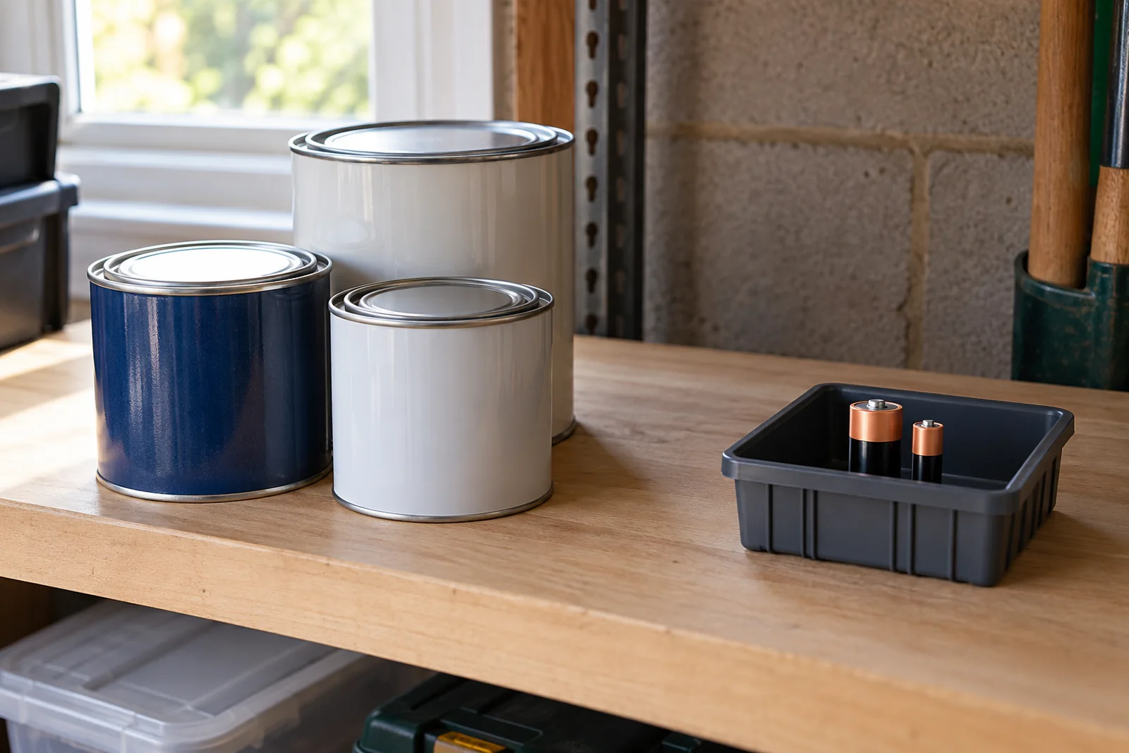 Paint tins and a battery kept separately from ordinary garage waste