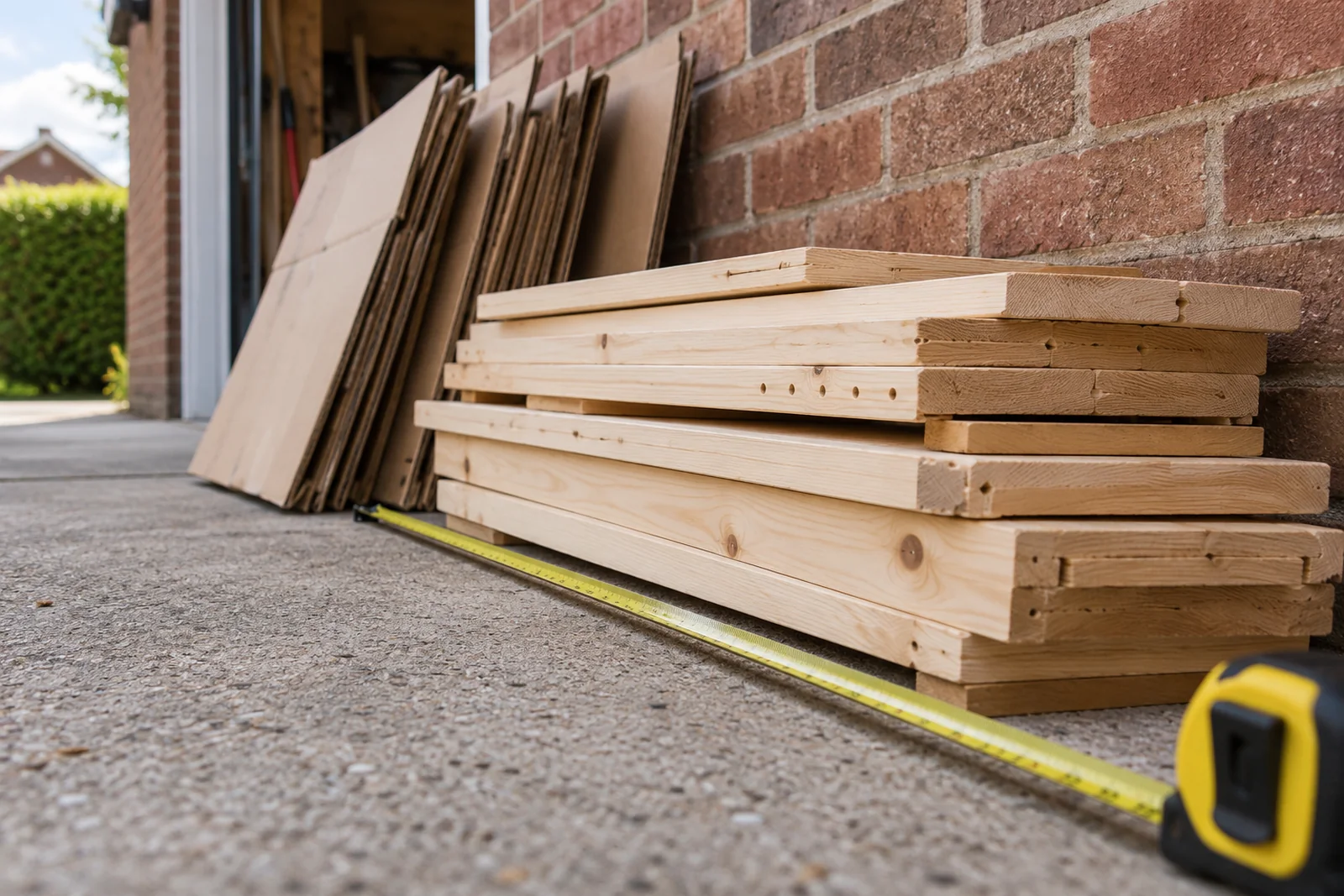 Tape measure beside a small pile of timber and cardboard
