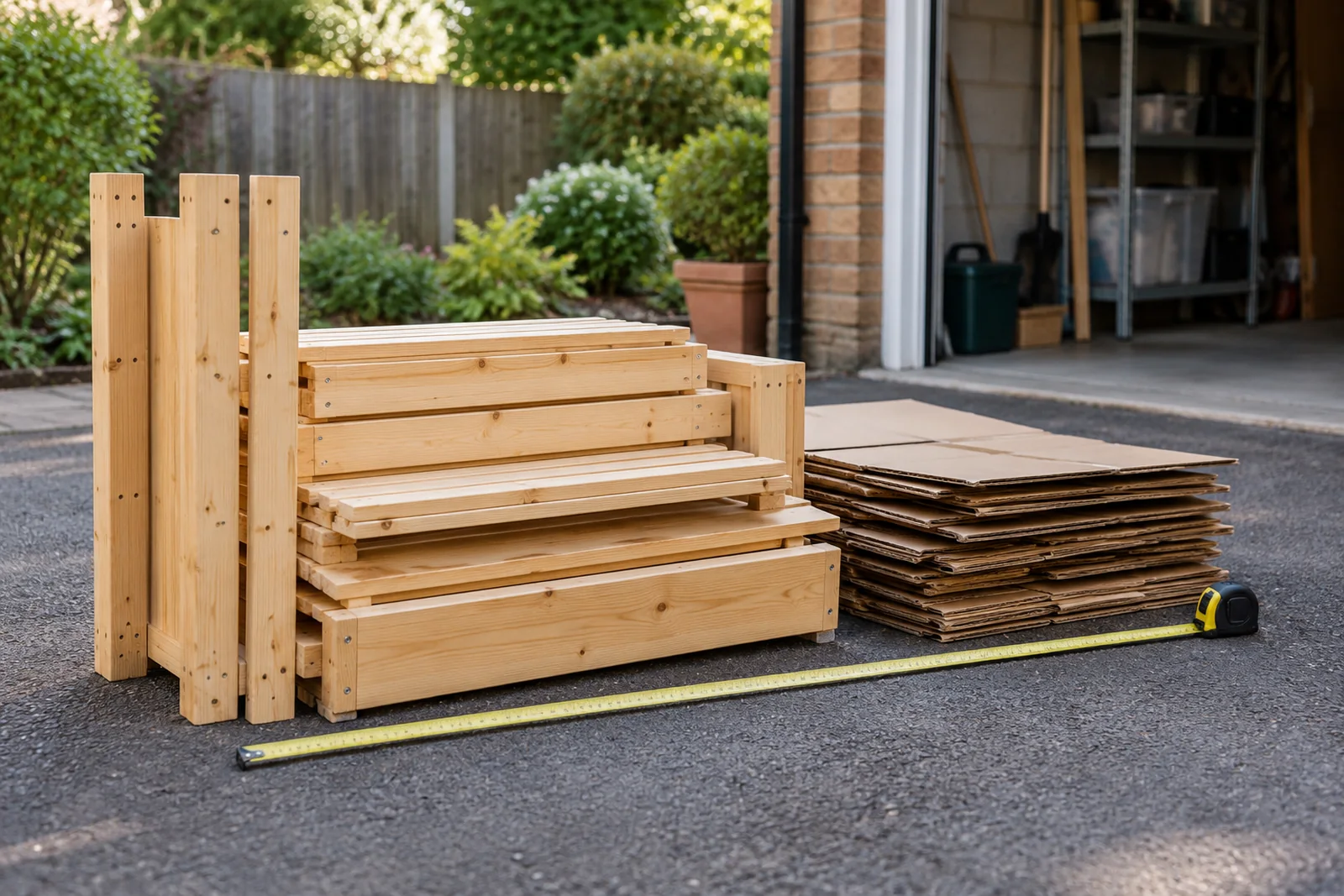 Dismantled shelving and cardboard arranged beside a garage for a waste estimate