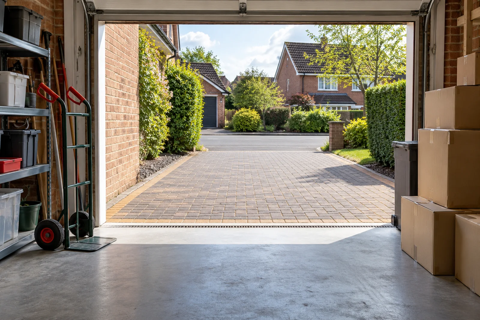 Clear carrying route from a garage to a driveway with a small trolley