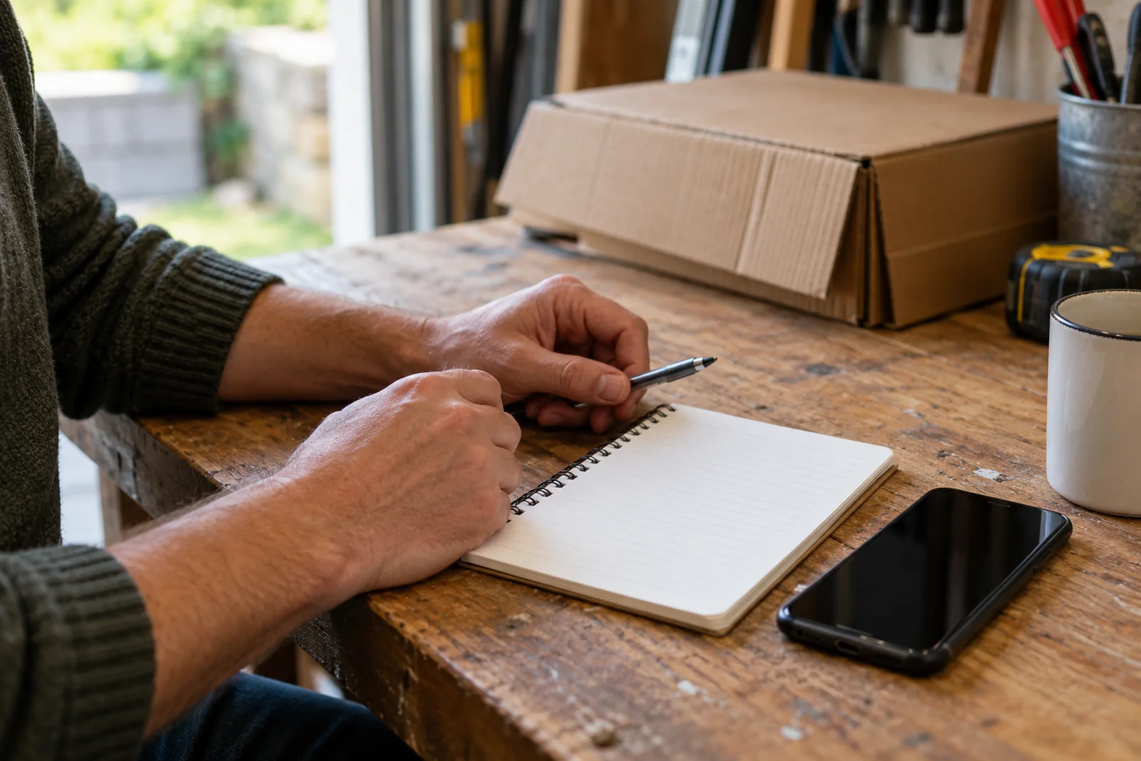 Hands beside a phone and plain notepad while planning a clear-out