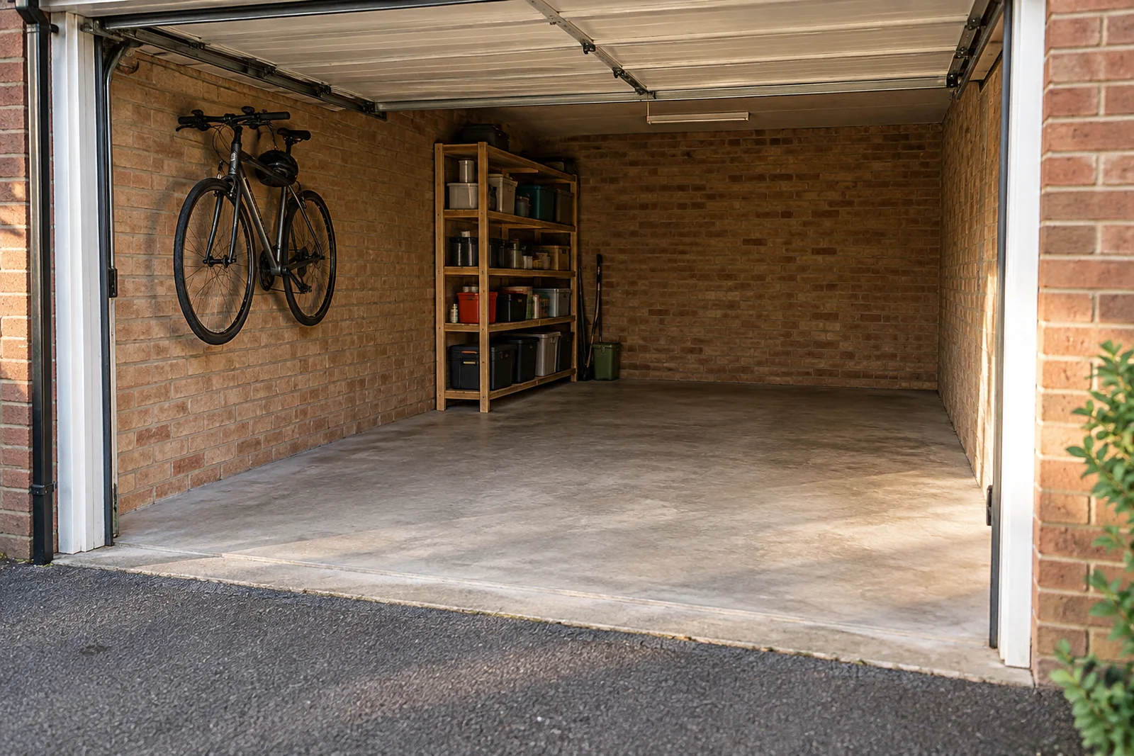 A cleared garage with practical shelving and an open floor