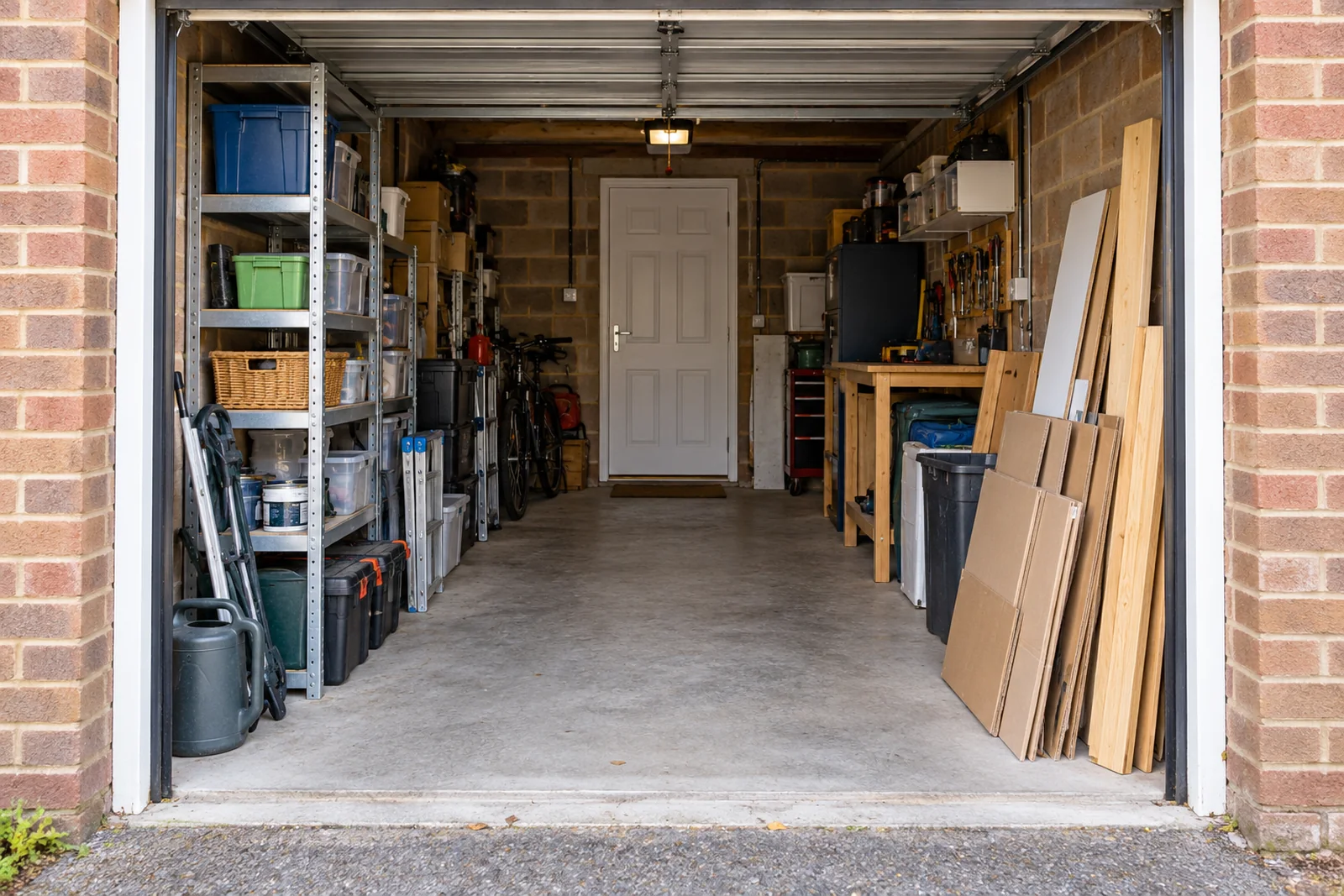 Ordinary household belongings and timber shelving in a UK garage