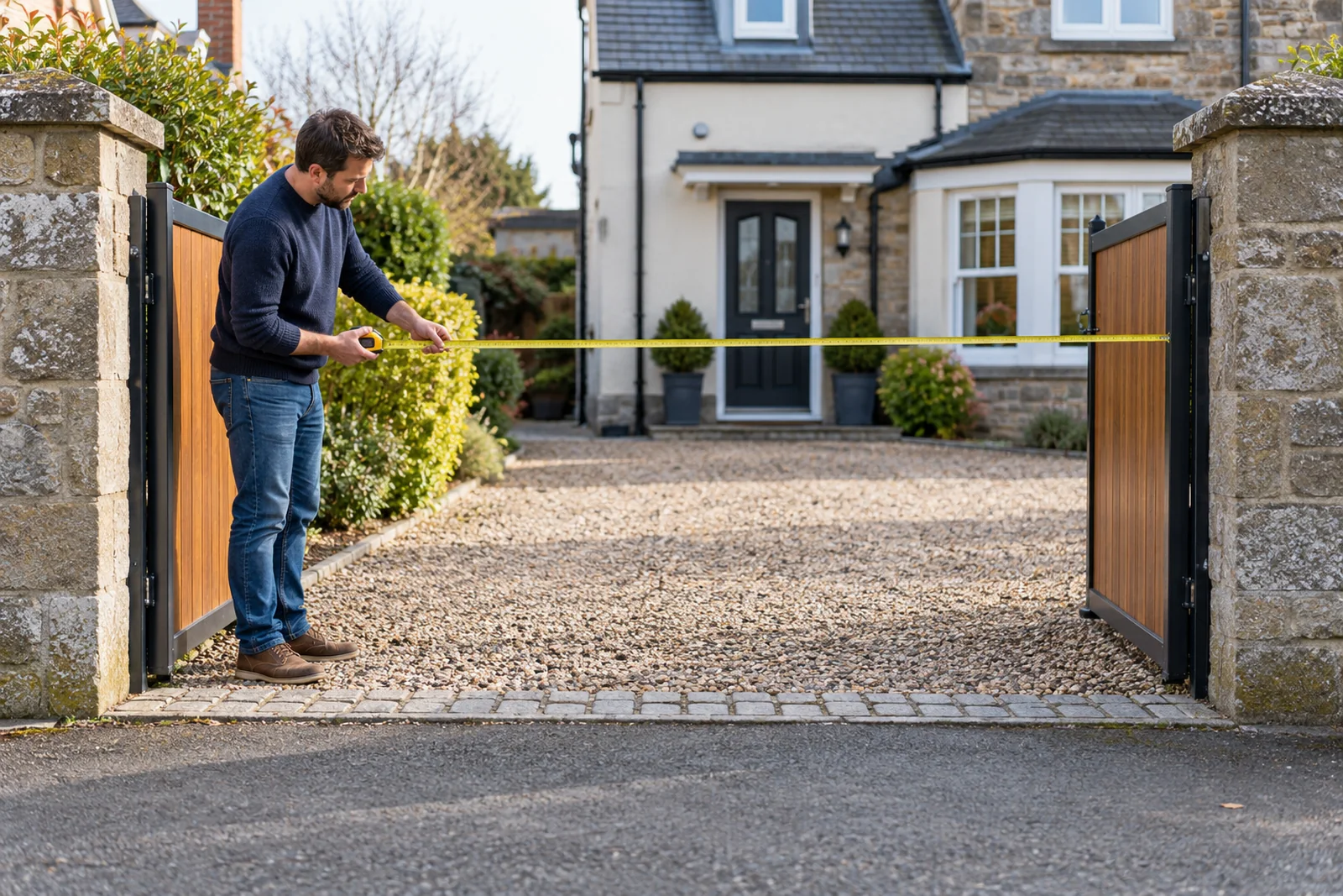 Homeowner measuring a driveway entrance before skip delivery