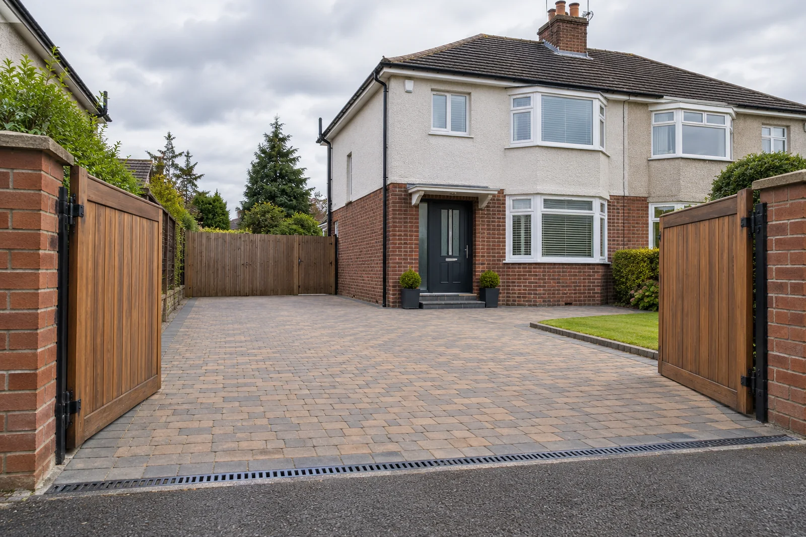 Open driveway gate with a clear vehicle route